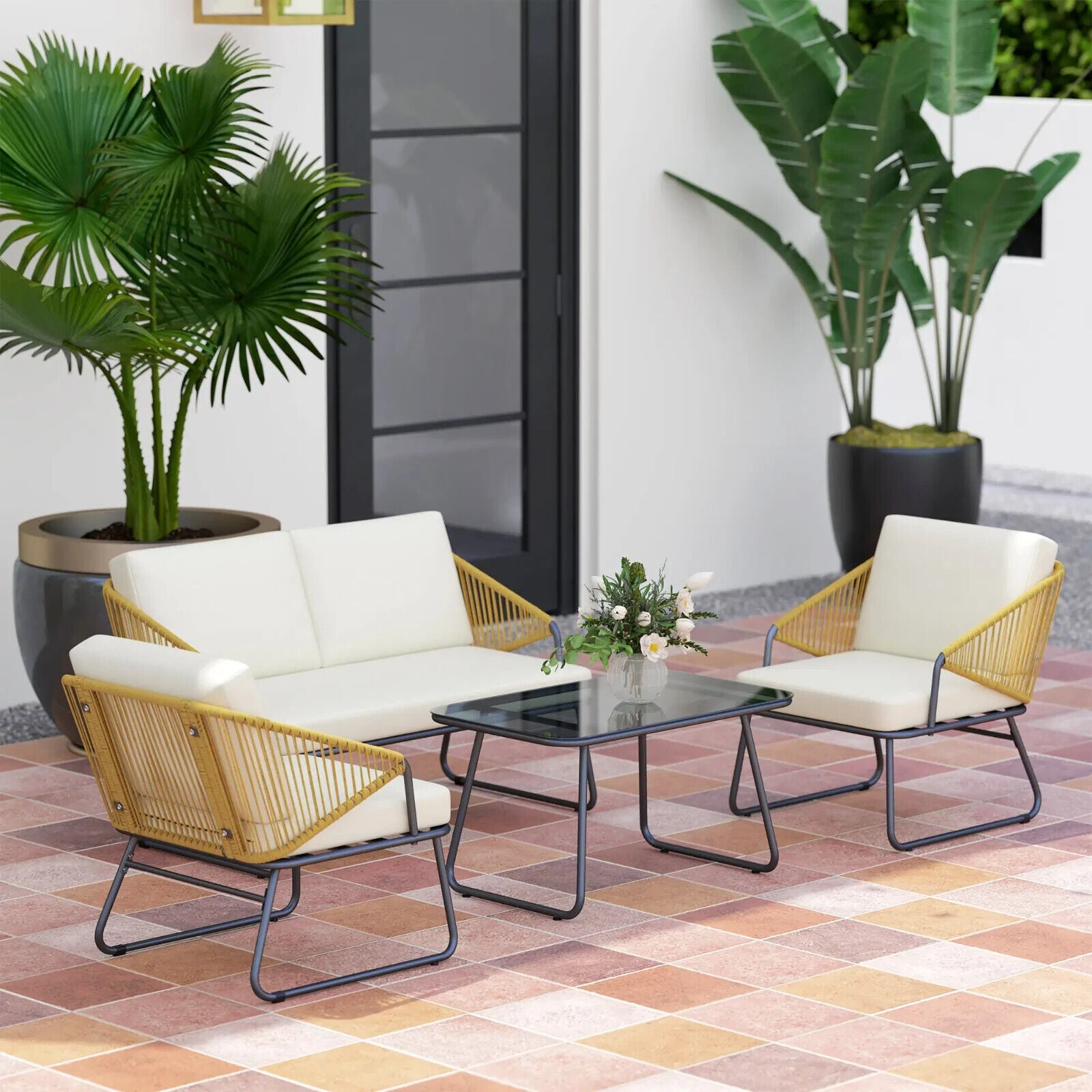 4 Pcs Rattan Garden Furniture Outdoor Wicker Patio Loveseat Armchairs Glass Top - Home and Garden Furniture Shop - #rustic - furniture#