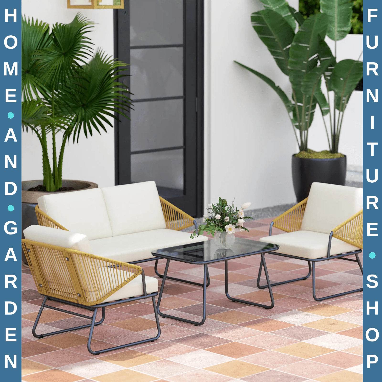 4 Pcs Rattan Garden Furniture Outdoor Wicker Patio Loveseat Armchairs Glass Top - Home and Garden Furniture Shop - #rustic - furniture#