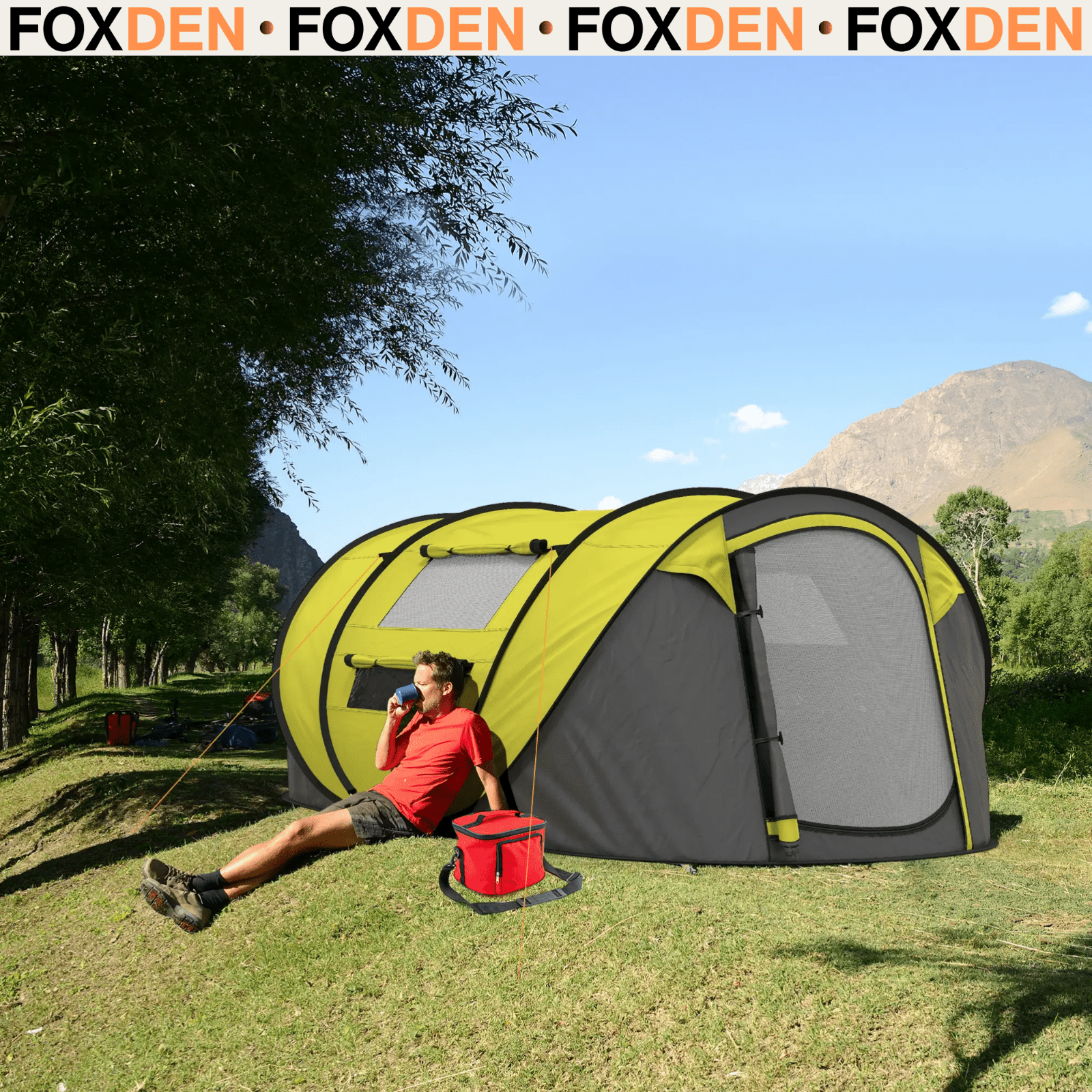 4 Person Pop Up Tent Family Camping Waterproof Groundsheet Lightweight FOXDEN - Home and Garden Furniture Shop - rustic - furniture