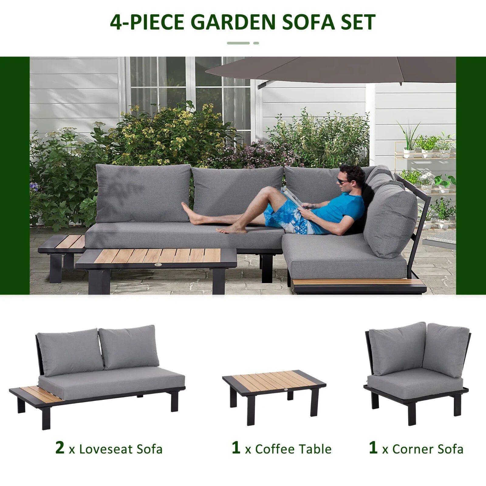 4 Piece Aluminium Garden Furniture Set L Shape Sofa w/ Tables Cushions Dark Grey - Home and Garden Furniture Shop - rustic - furniture