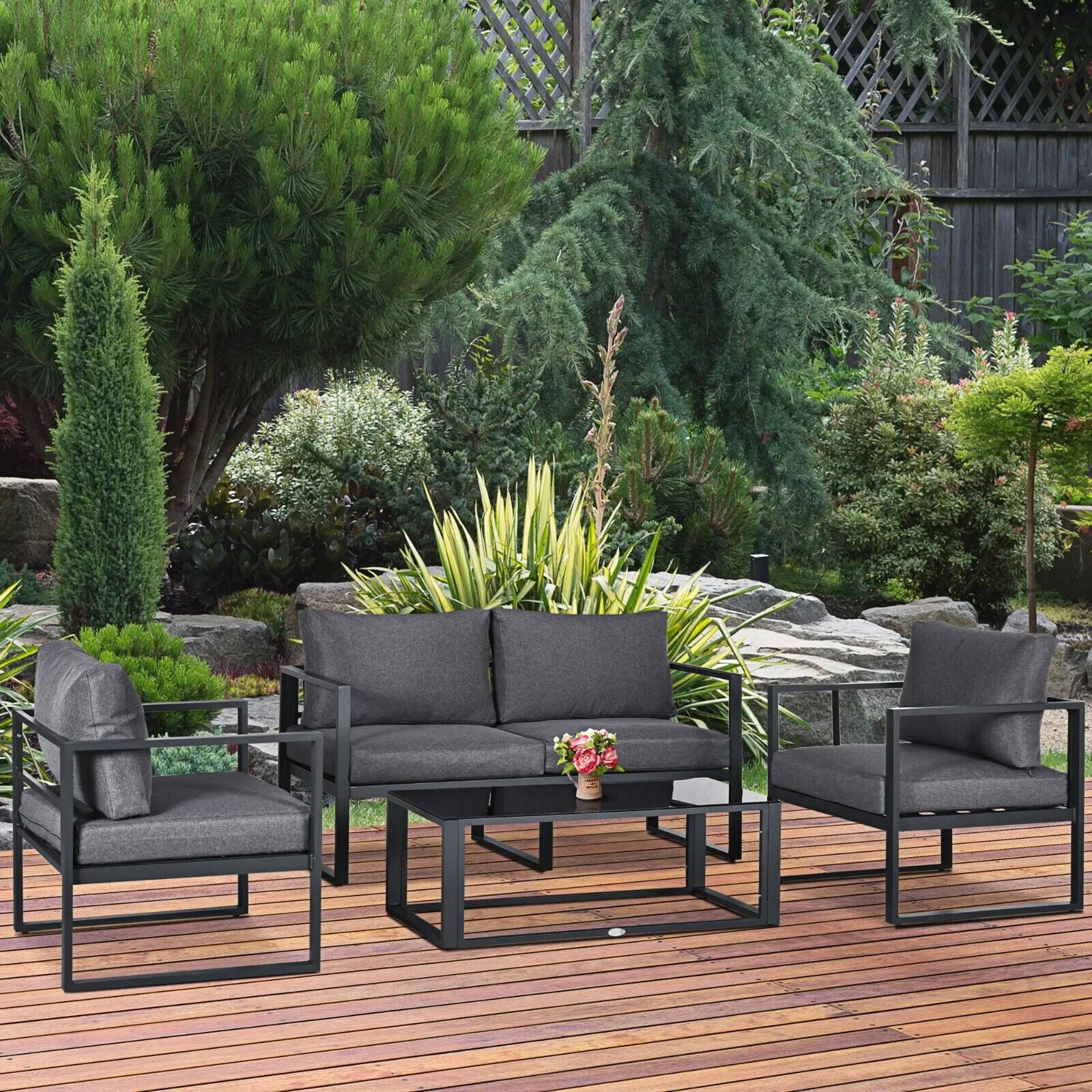 4 Piece Garden Sofa Set w/Armchairs Bench & Side Table Aluminium Frame Patio Set - Home and Garden Furniture Shop - #rustic - furniture#