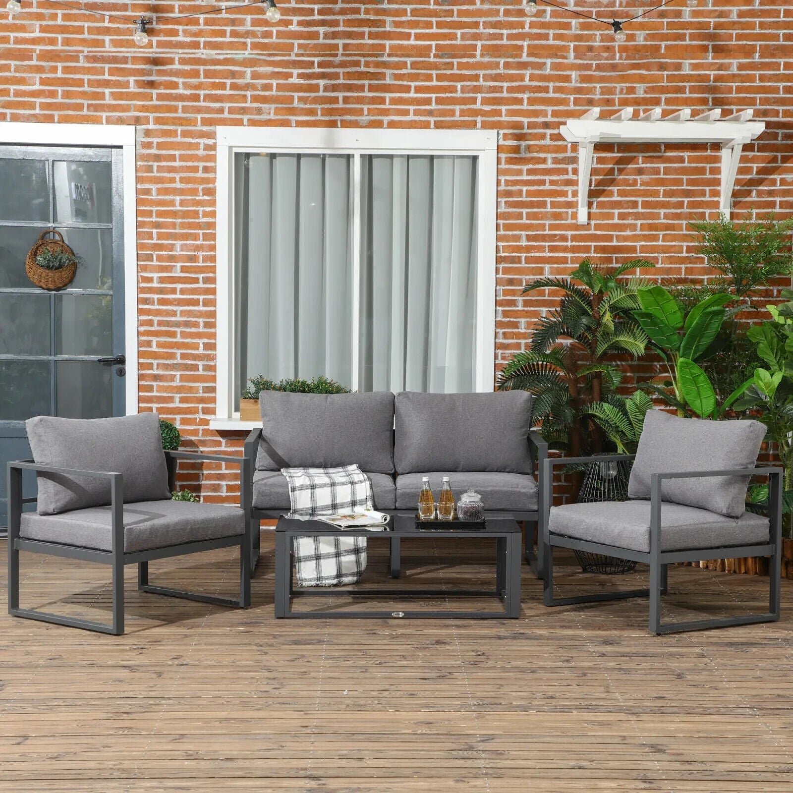 4 Piece Garden Sofa Set w/Armchairs Bench & Side Table Aluminium Frame Patio Set - Home and Garden Furniture Shop - #rustic - furniture#