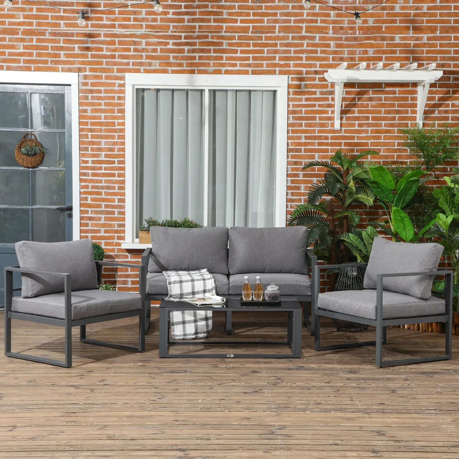 4 Piece Garden Sofa Set w/Armchairs Bench & Side Table Aluminium Frame Patio Set - Home and Garden Furniture Shop - rustic - furniture