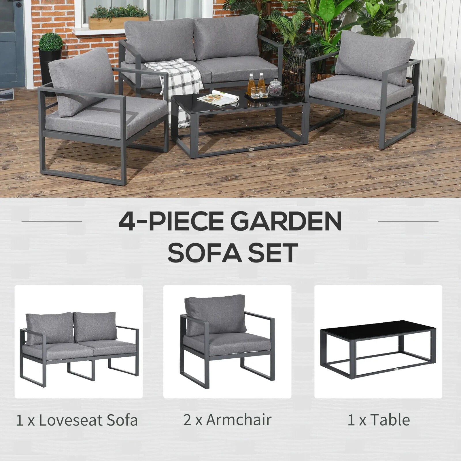4 Piece Garden Sofa Set w/Armchairs Bench & Side Table Aluminium Frame Patio Set - Home and Garden Furniture Shop - #rustic - furniture#