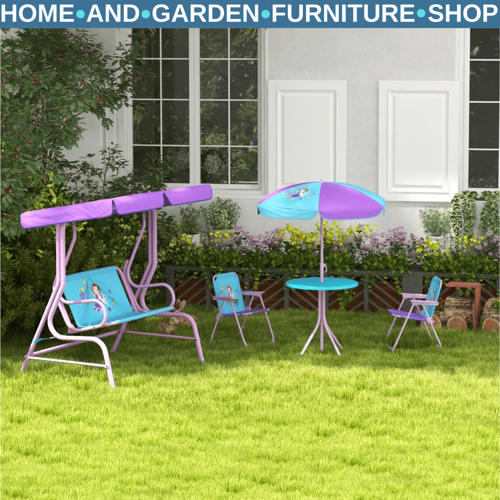 4 Piece Kids Garden Furniture Set with Table Chairs and Adjustable Canopy Theme - Home and Garden Furniture Shop - rustic - furniture