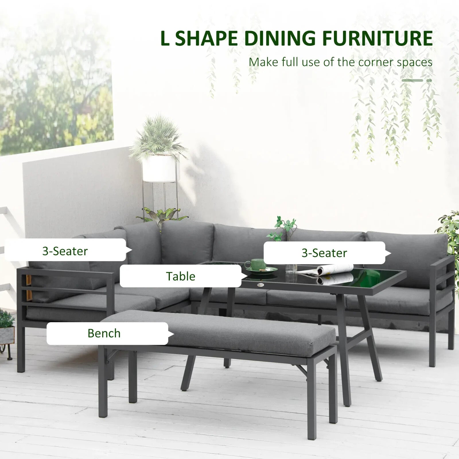 4 Piece L Shaped Garden Furniture Set 8 Seater Aluminium Dining Sofa with Bench - Home and Garden Furniture Shop - rustic - furniture