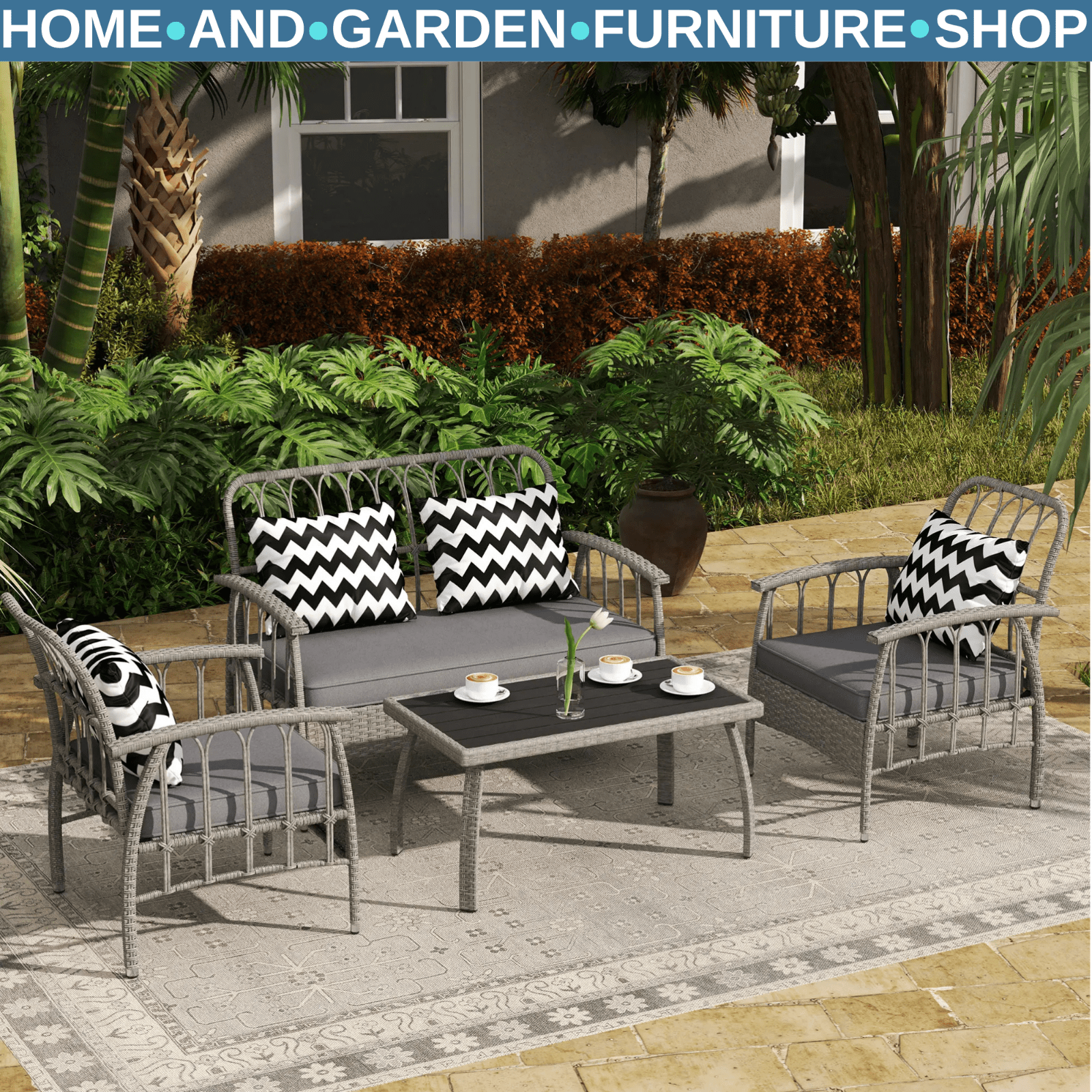 4 Piece Rattan Furniture Set with Loveseat Chairs Table and Adjustable Backrest - Home and Garden Furniture Shop - #rustic - furniture#