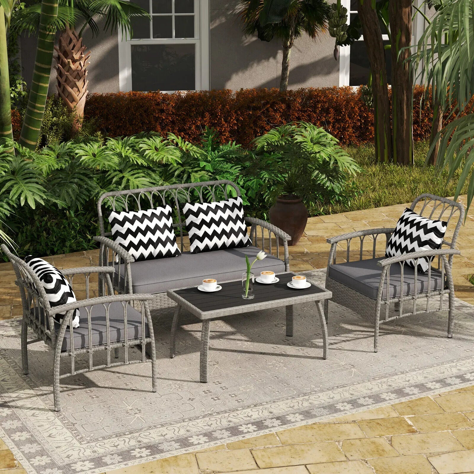 4 Piece Rattan Furniture Set with Loveseat Chairs Table and Adjustable Backrest - Home and Garden Furniture Shop - #rustic - furniture#