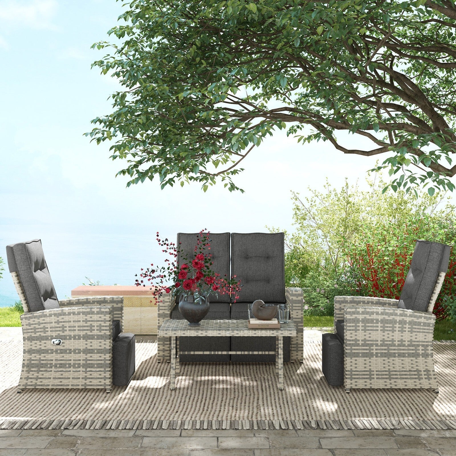 4 Piece Rattan Garden Furniture Set Outdoor Sofa Sectional with Glass Table Grey - Home and Garden Furniture Shop - rustic - furniture