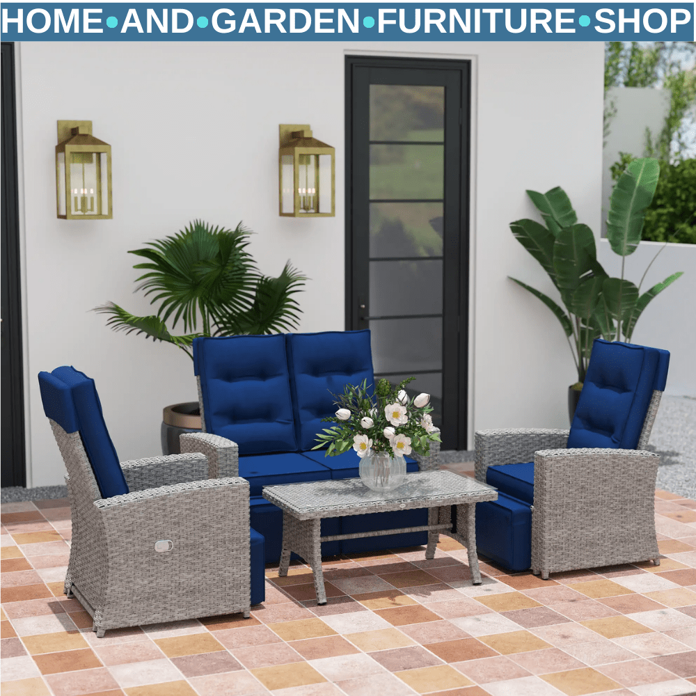 4 Piece Rattan Garden Furniture Set Outdoor Sofa w/ Glass Table Navy Blue Patio - Home and Garden Furniture Shop - #rustic - furniture#