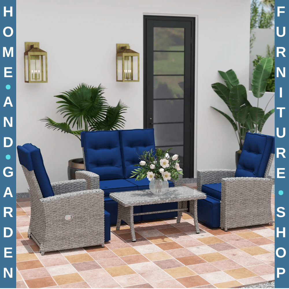 4 Piece Rattan Garden Furniture Set Outdoor Sofa w/ Glass Table Navy Blue Patio - Home and Garden Furniture Shop - #rustic - furniture#