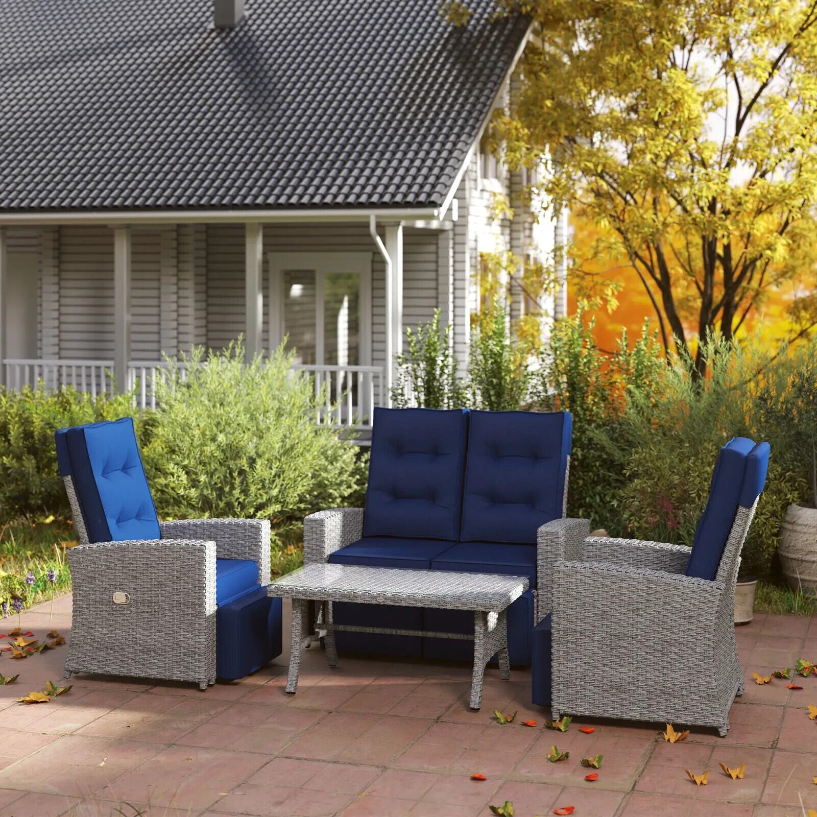 4 Piece Rattan Garden Furniture Set Outdoor Sofa w/ Glass Table Navy Blue Patio - Home and Garden Furniture Shop - #rustic - furniture#