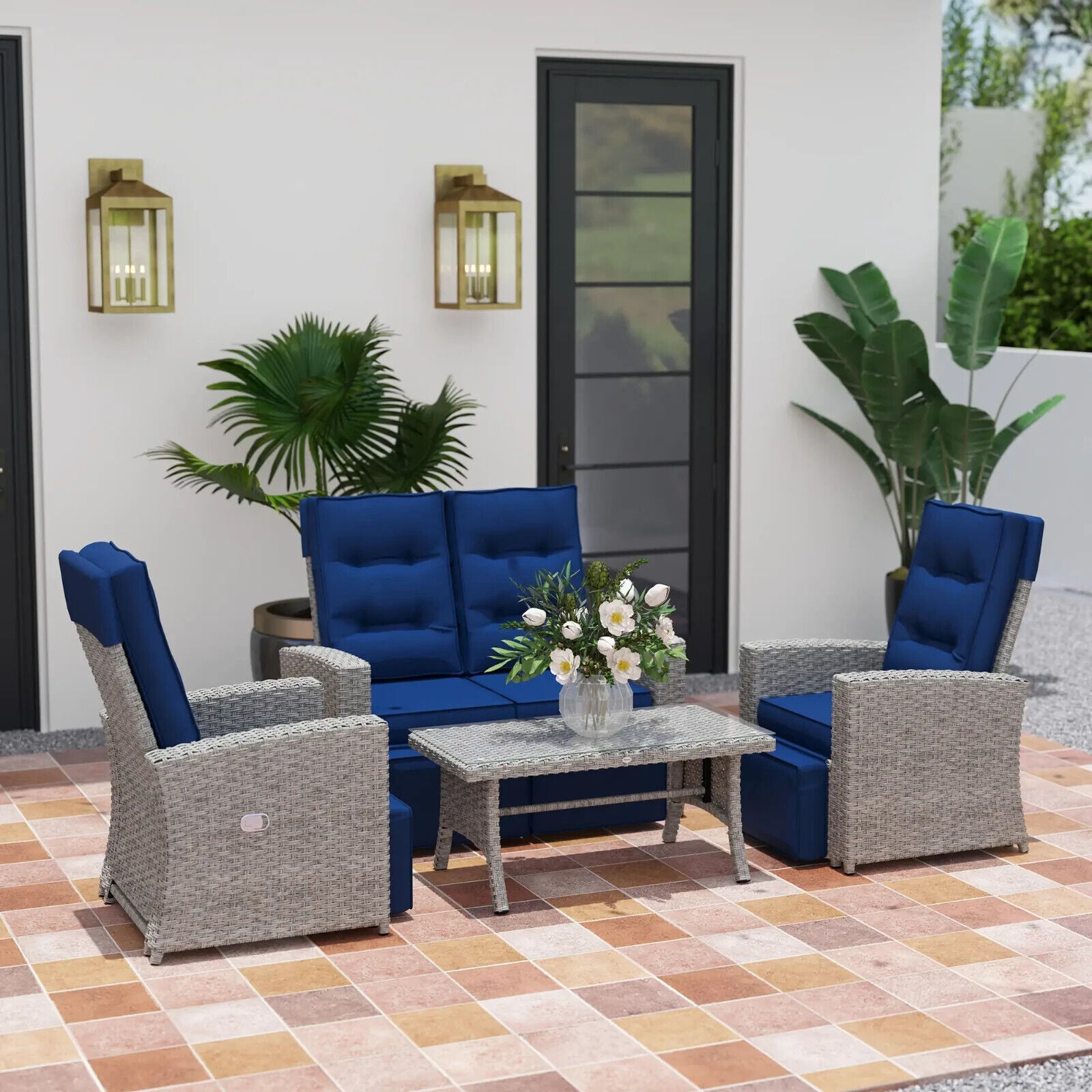 4 Piece Rattan Garden Furniture Set Outdoor Sofa w/ Glass Table Navy Blue Patio - Home and Garden Furniture Shop - #rustic - furniture#