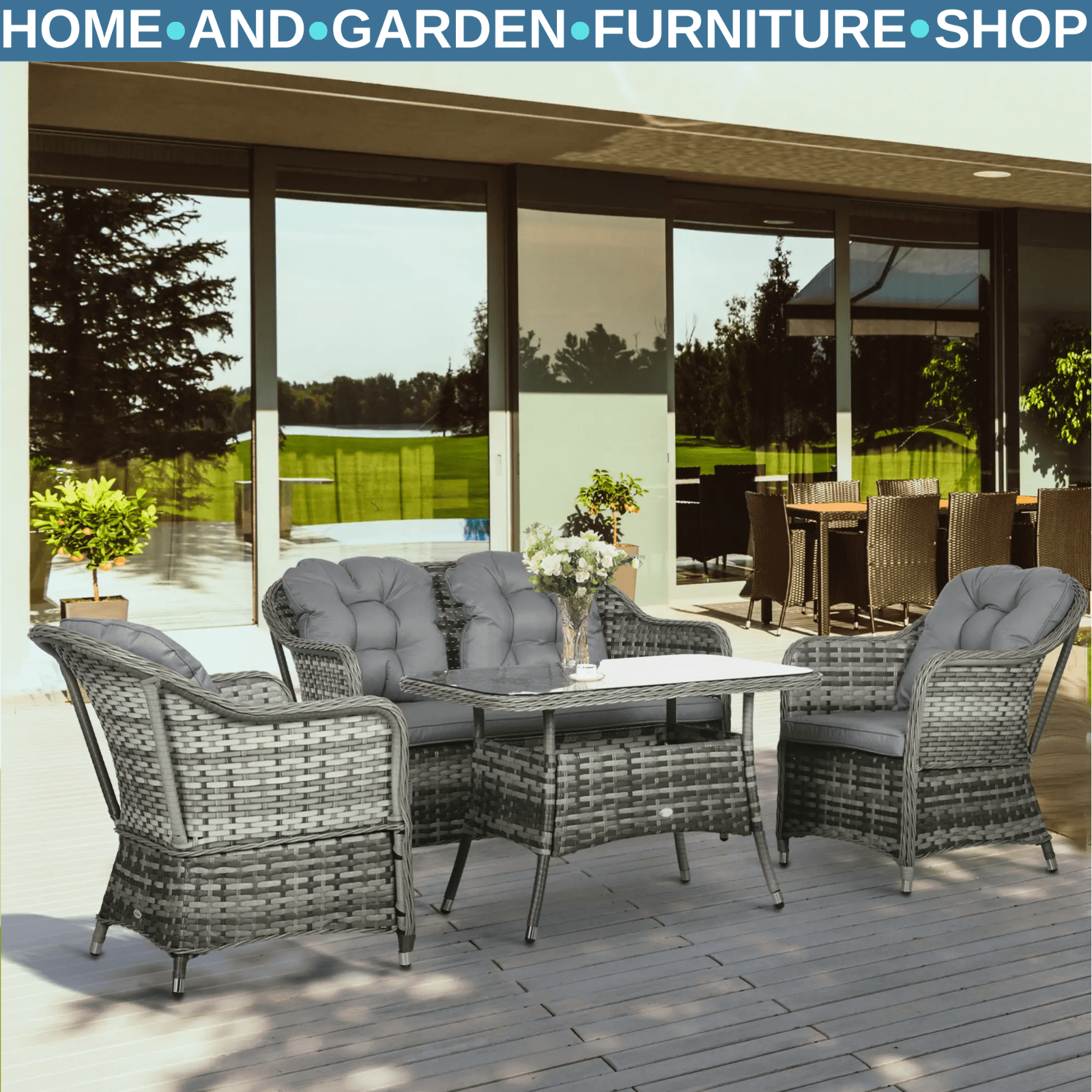 4 - Piece Rattan Garden Furniture Set Wicker Sofa Chairs & Table with Cushion Grey - Home and Garden Furniture Shop - rustic - furniture