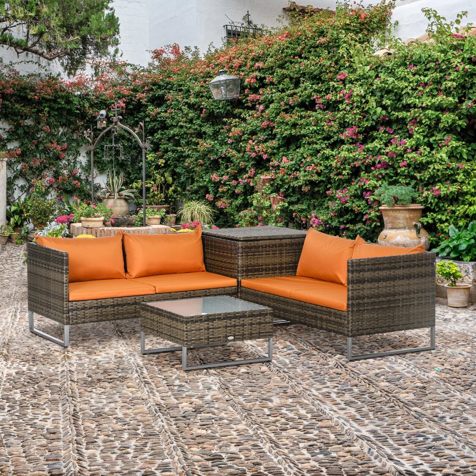 4 Piece Rattan Garden Furniture Set with Corner Sofa Loveseat Table and Cushions - Home and Garden Furniture Shop - #rustic - furniture#