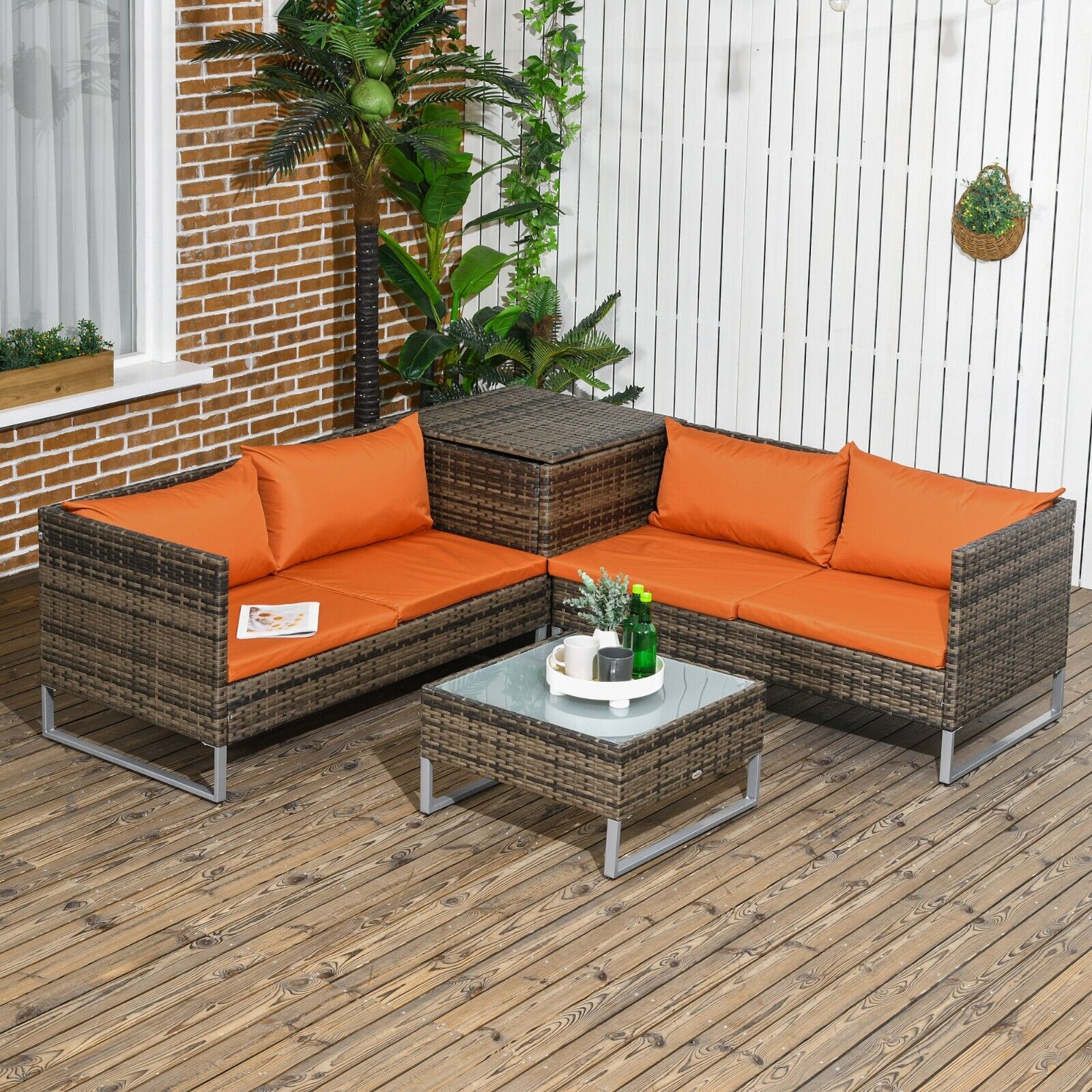4 Piece Rattan Garden Furniture Set with Corner Sofa Loveseat Table and Cushions - Home and Garden Furniture Shop - #rustic - furniture#