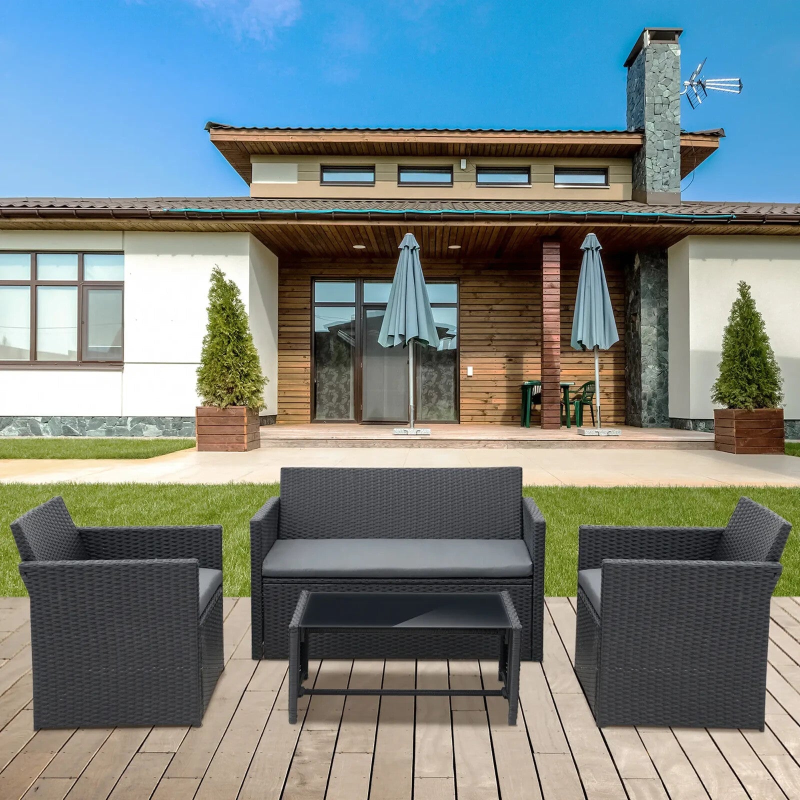 4 Pieces Rattan Sofa Set with Coffee Table for Garden and Outdoor Use Black - Home and Garden Furniture Shop - rustic - furniture