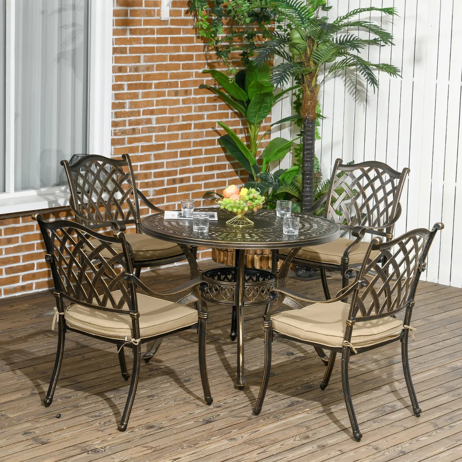 4 Seater Antique Cast Aluminium Garden Dining Set with Cushions and Parasol Hole - Home and Garden Furniture Shop - rustic - furniture