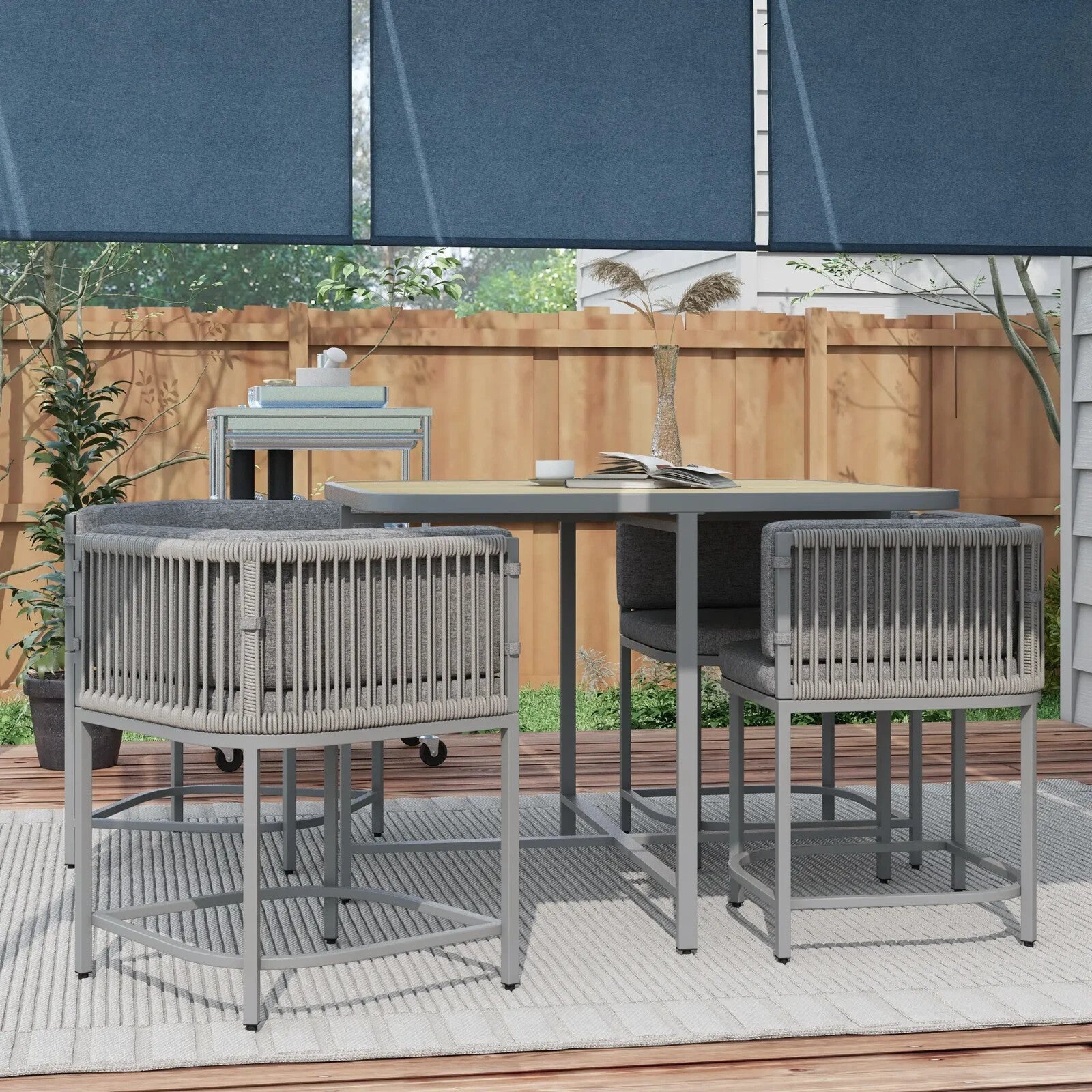4 - Seater Rattan Dining Set with Cushions and Space - saving Design for Garden Grey - Home and Garden Furniture Shop - rustic - furniture