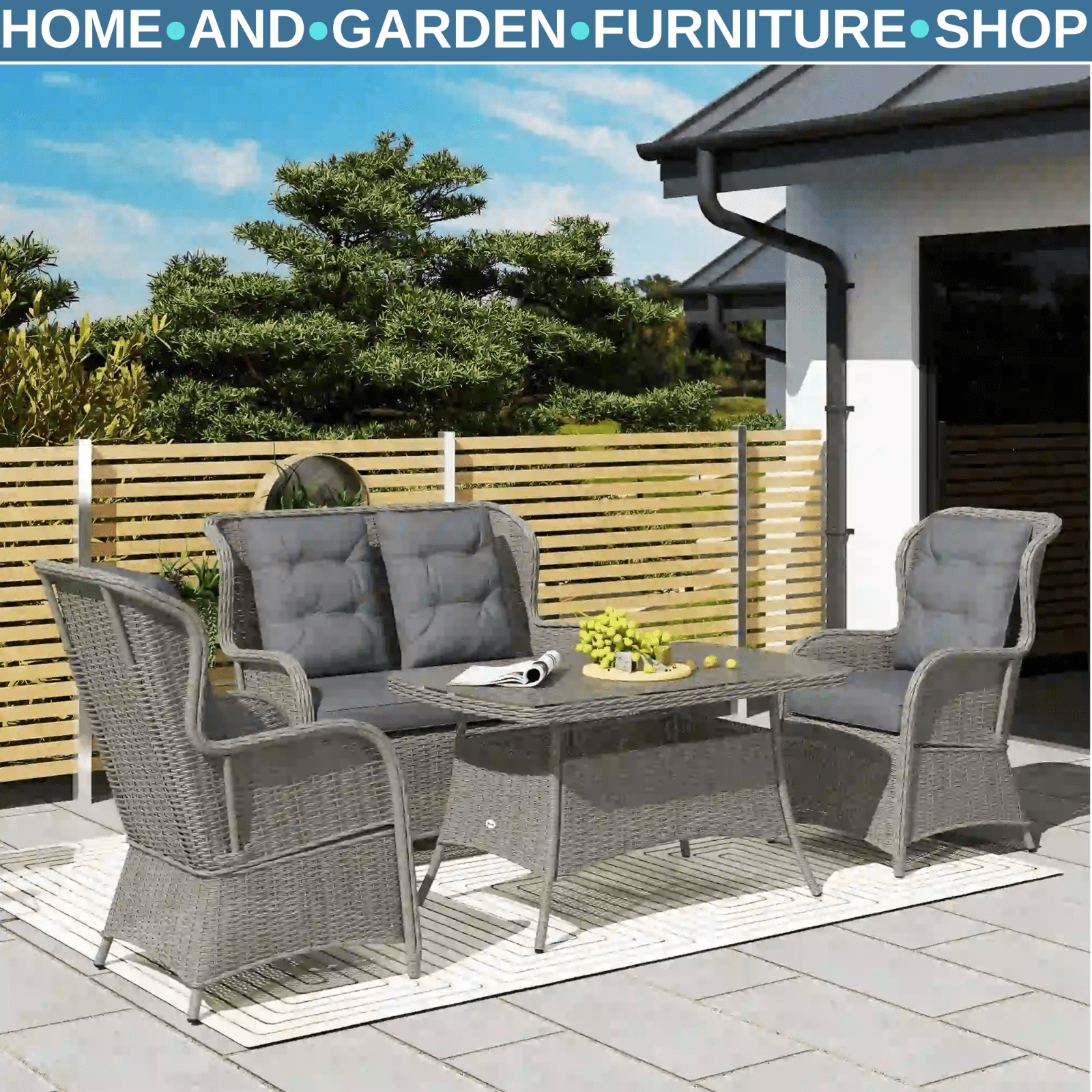 4 Seater Rattan Dining Sofa Set Wicker Furniture High Back Chairs with Cushions - Home and Garden Furniture Shop - rustic - furniture