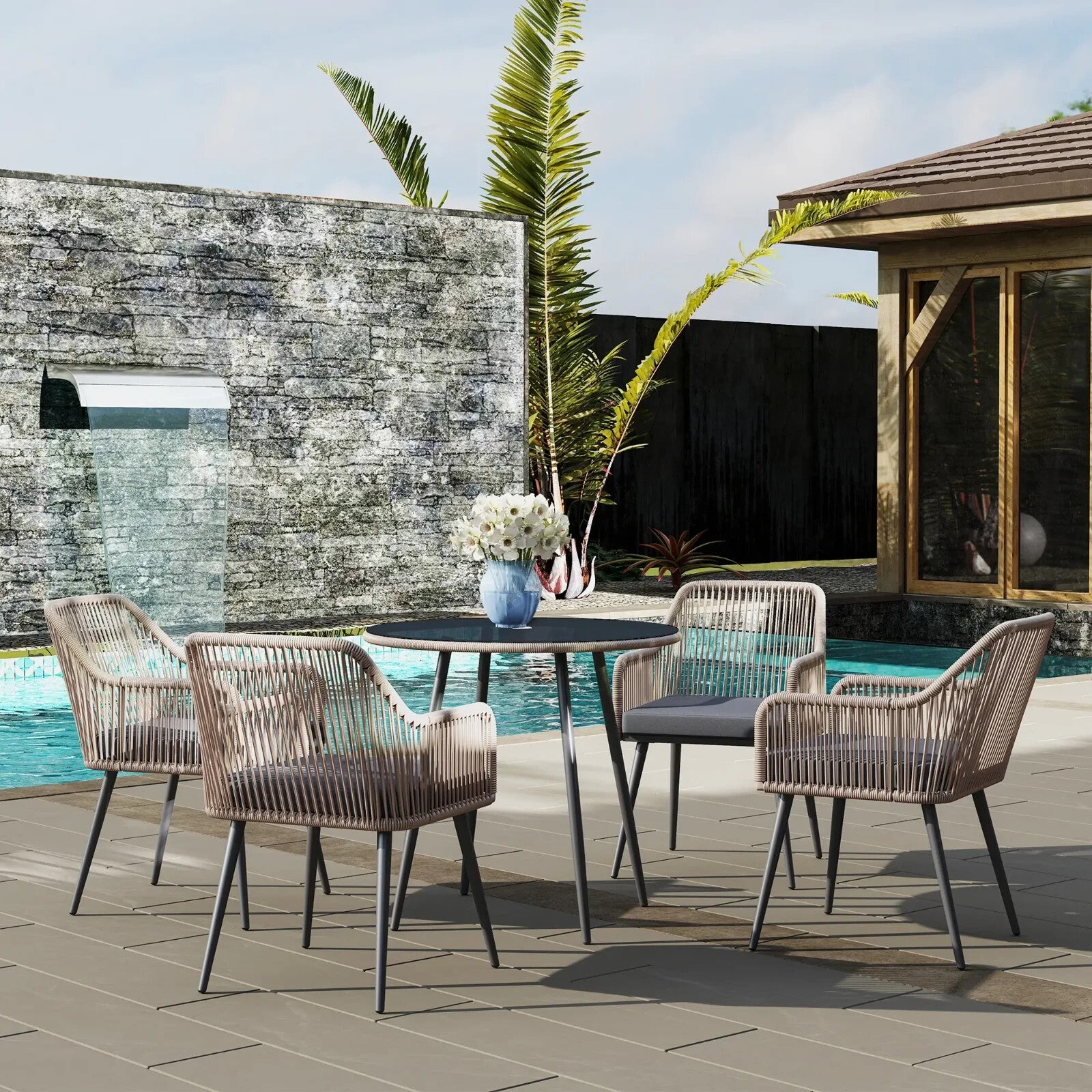 4 Seater Rattan Garden Dining Set with Table Chairs and Parasol Hole for Patio - Home and Garden Furniture Shop - rustic - furniture