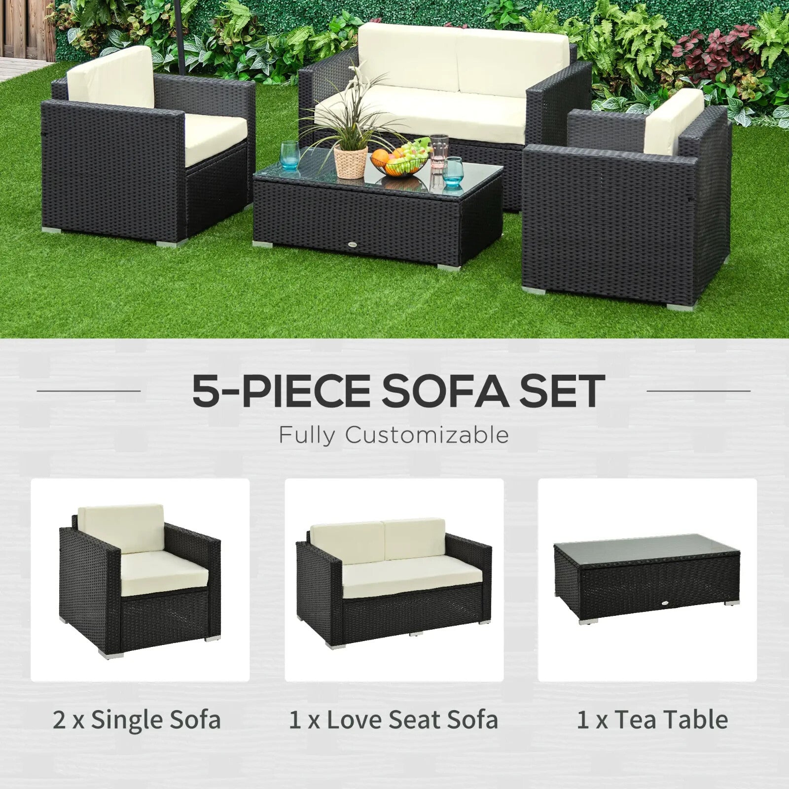 4 - Seater Rattan Garden Furniture Sofa Set with Cushions and Table Outdoor Black - Home and Garden Furniture Shop - rustic - furniture