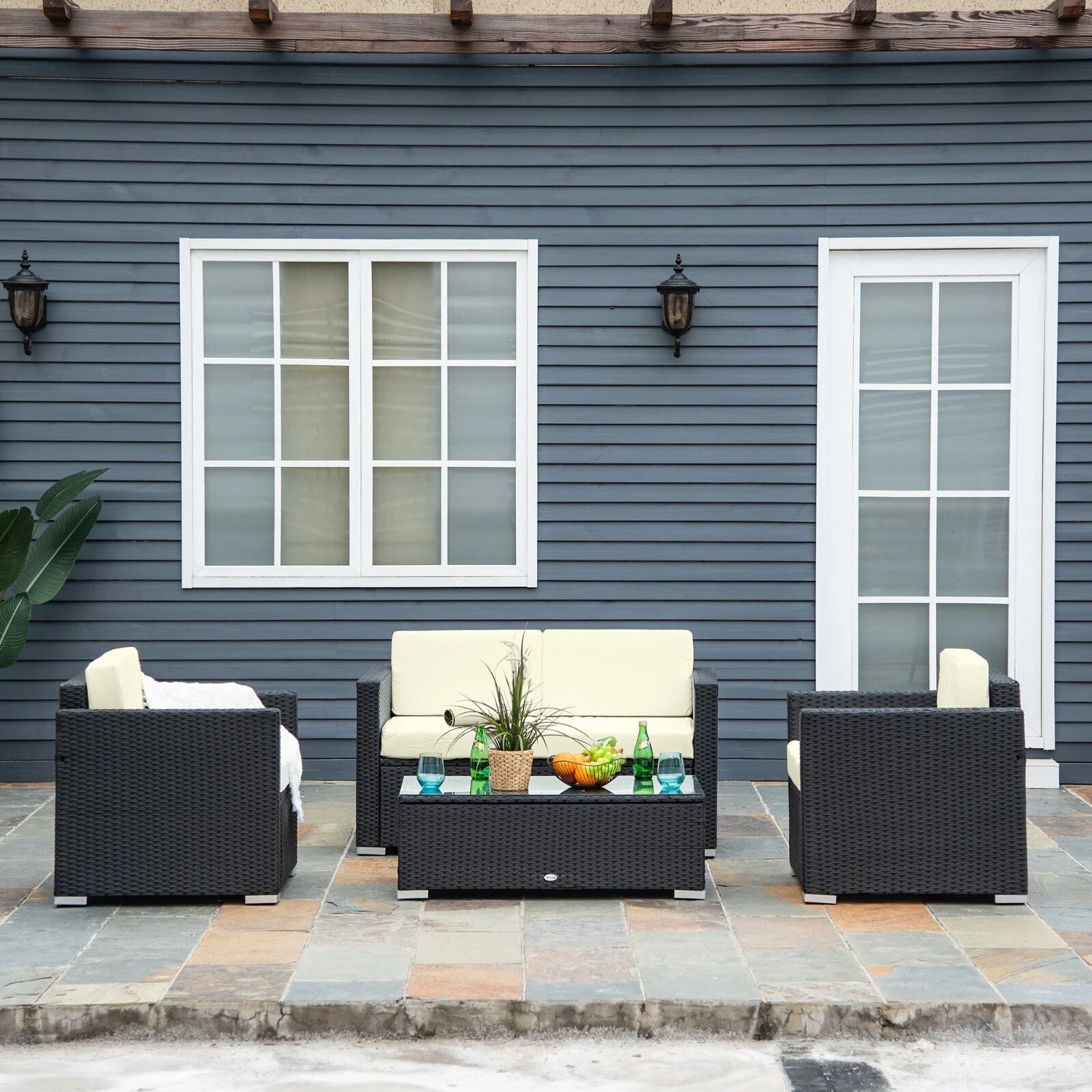 4 - Seater Rattan Garden Furniture Sofa Set with Cushions and Table Outdoor Black - Home and Garden Furniture Shop - rustic - furniture