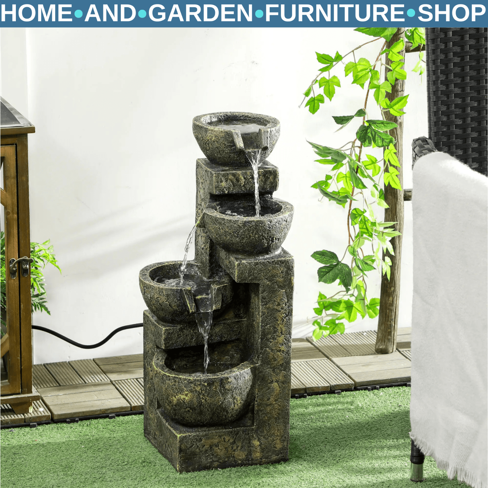 4 Tier Garden Water Feature Fountain with Stone Effect Bowls and Adjustable Flow - Home and Garden Furniture Shop - rustic - furniture