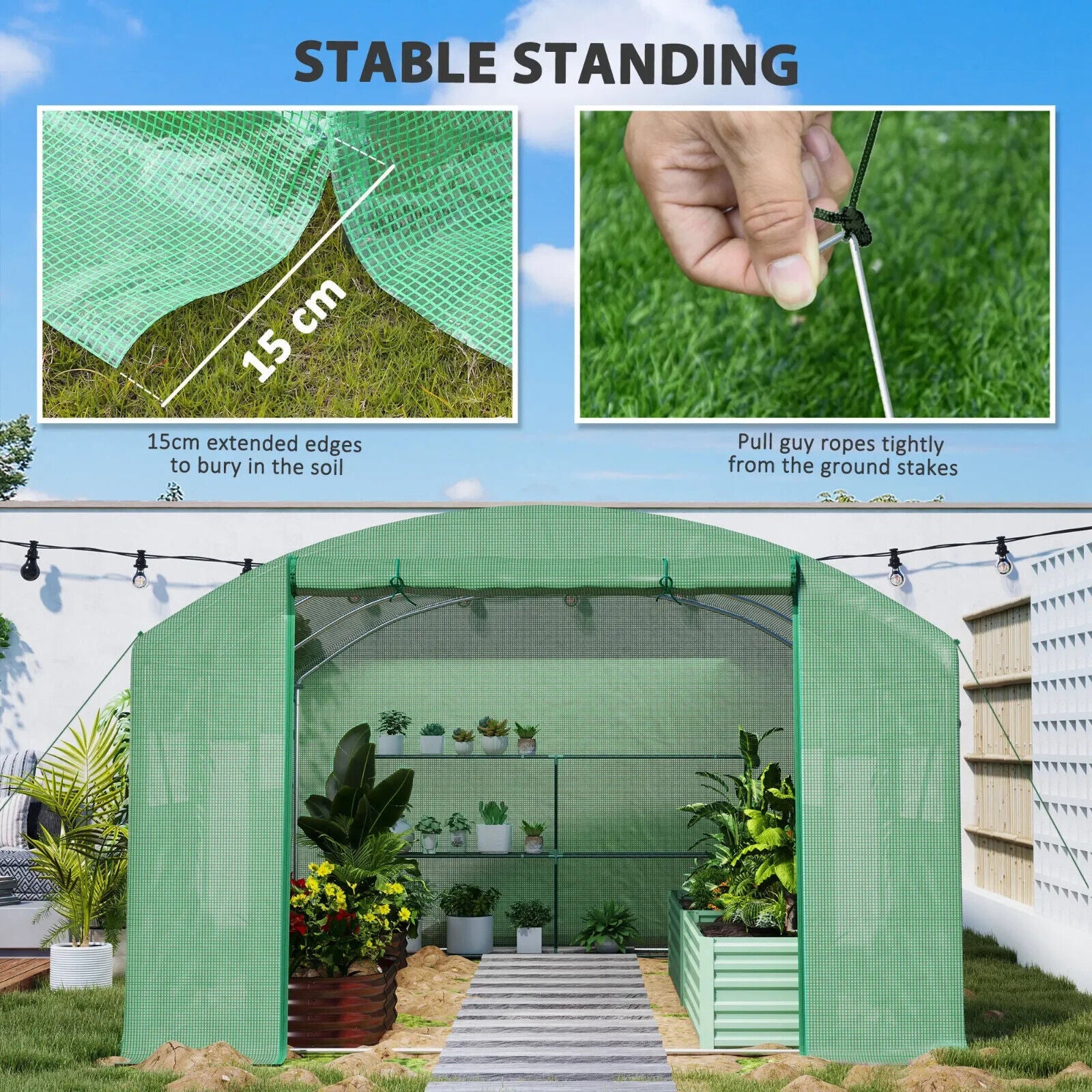 4 x 3 x 2 m Polytunnel Greenhouse with 3 Doors Mesh Window Walk In Garden Tunnel - Home and Garden Furniture Shop - #rustic - furniture#