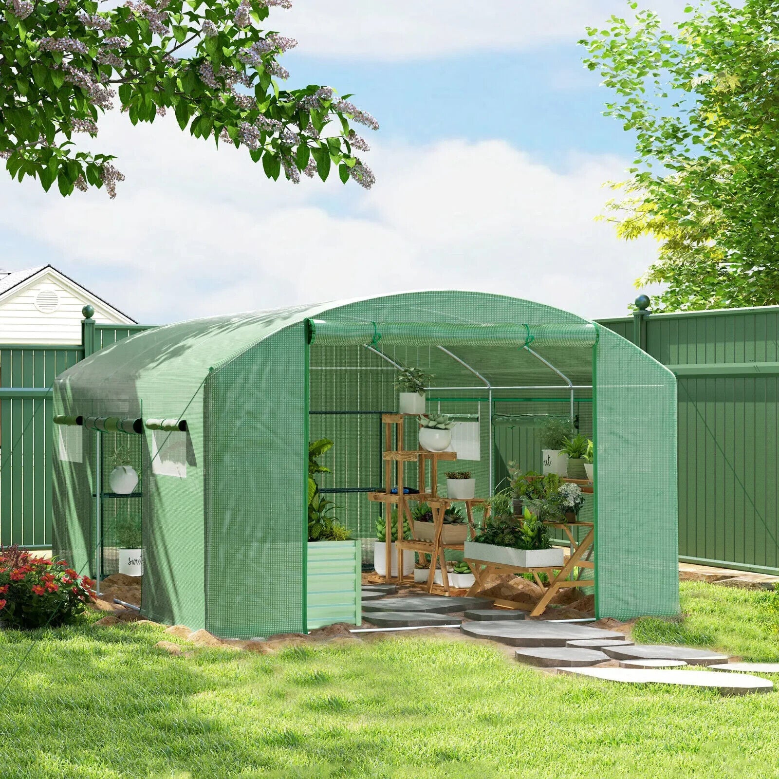 4 x 3 x 2 m Polytunnel Greenhouse with 3 Doors Mesh Window Walk In Garden Tunnel - Home and Garden Furniture Shop - #rustic - furniture#