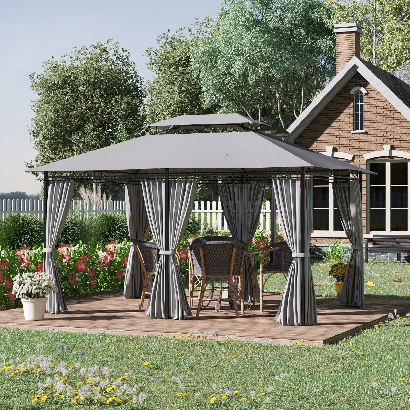 4 x 3m Metal Garden Gazebo with Curtain and Sidewalls Patio Party Canopy Shelter - Home and Garden Furniture Shop - rustic - furniture