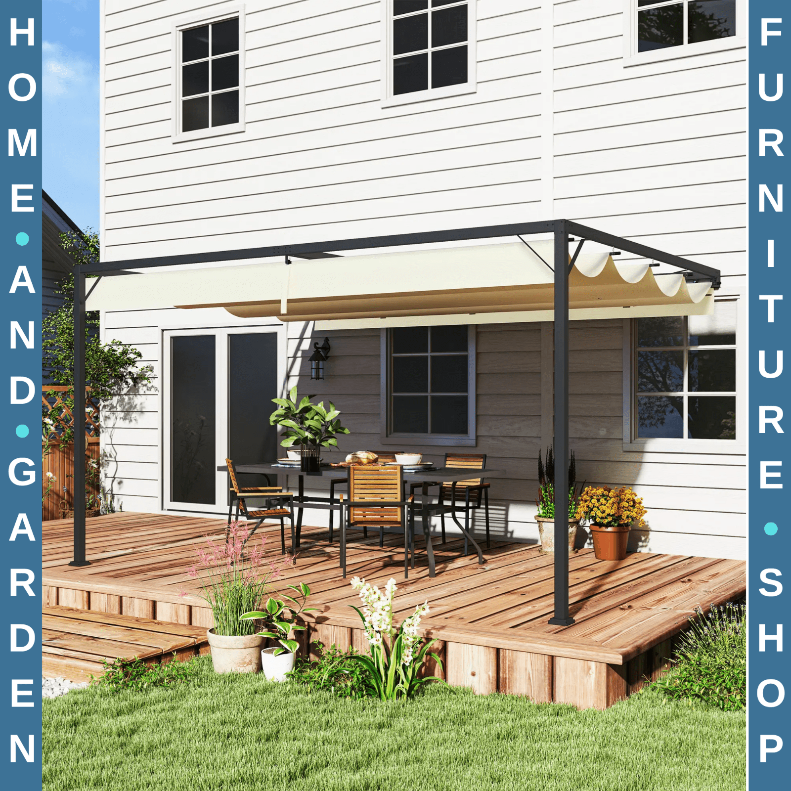 4 x 3m Outdoor Pergola Retractable Canopy Wall Mounted Awning Metal Cover Cream - Home and Garden Furniture Shop - rustic - furniture