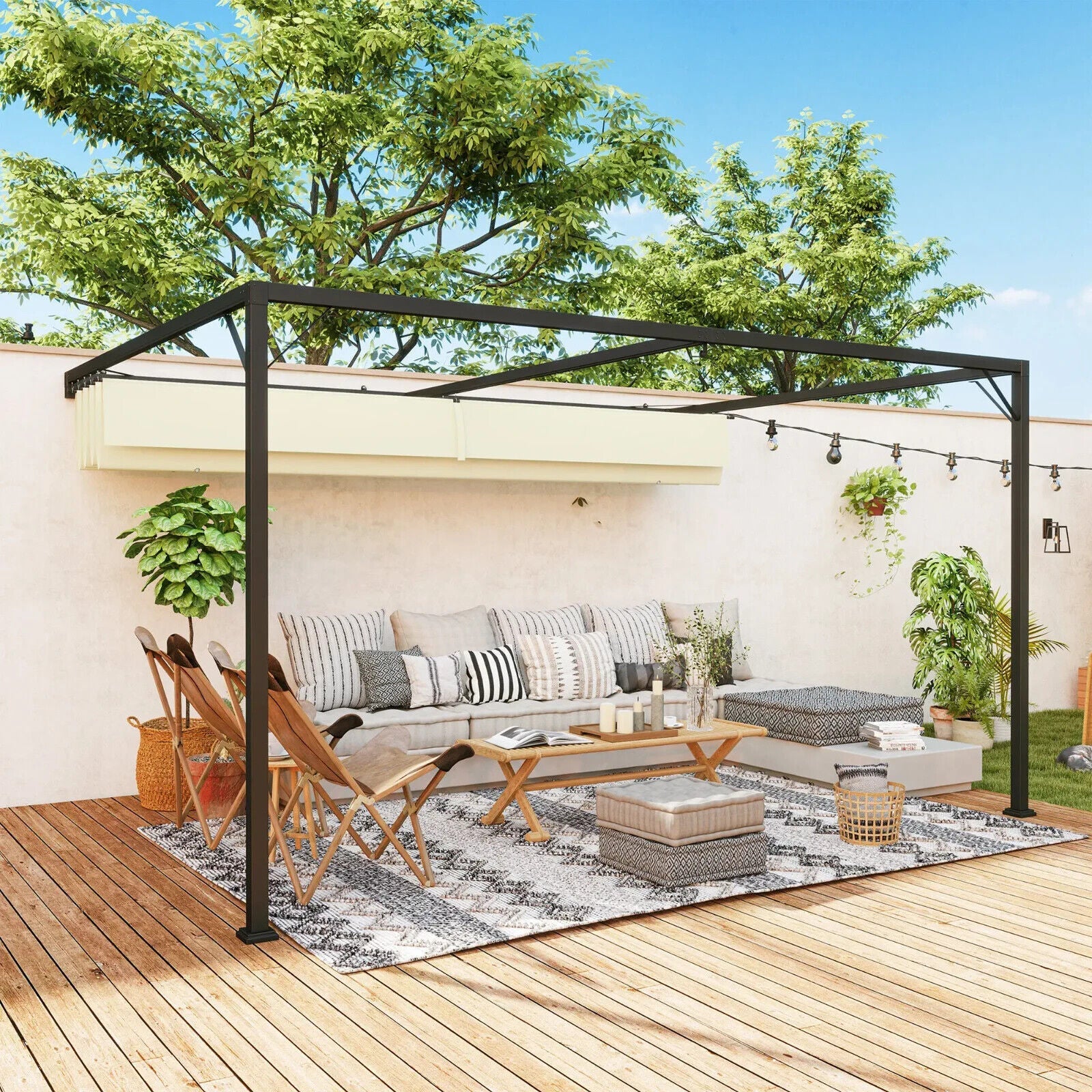 4 x 3m Outdoor Pergola Retractable Canopy Wall Mounted Awning Metal Cover Cream - Home and Garden Furniture Shop - #rustic - furniture#