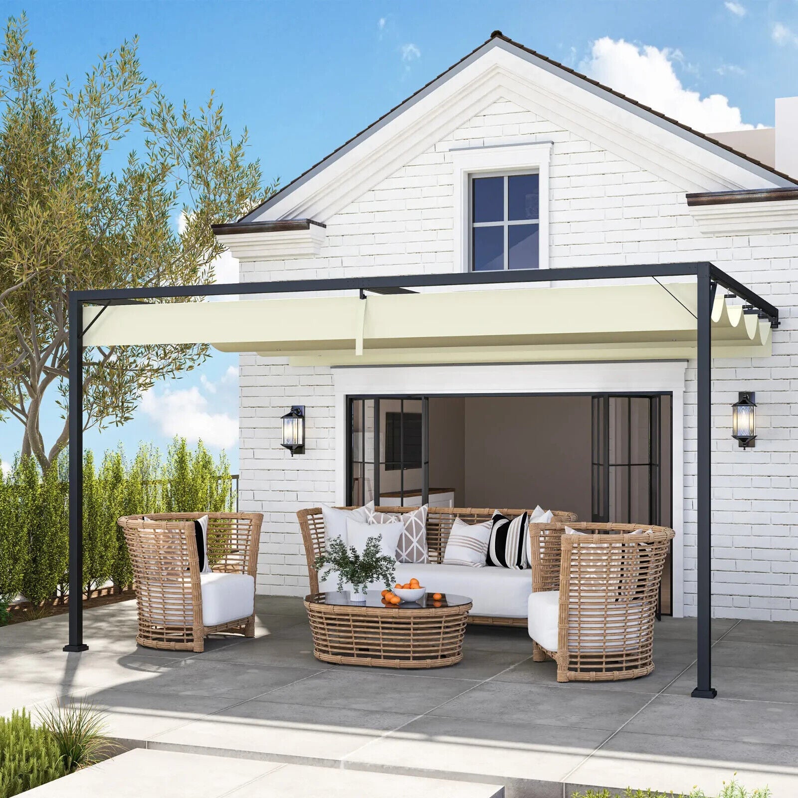 4 x 3m Outdoor Pergola Retractable Canopy Wall Mounted Awning Metal Cover Cream - Home and Garden Furniture Shop - #rustic - furniture#