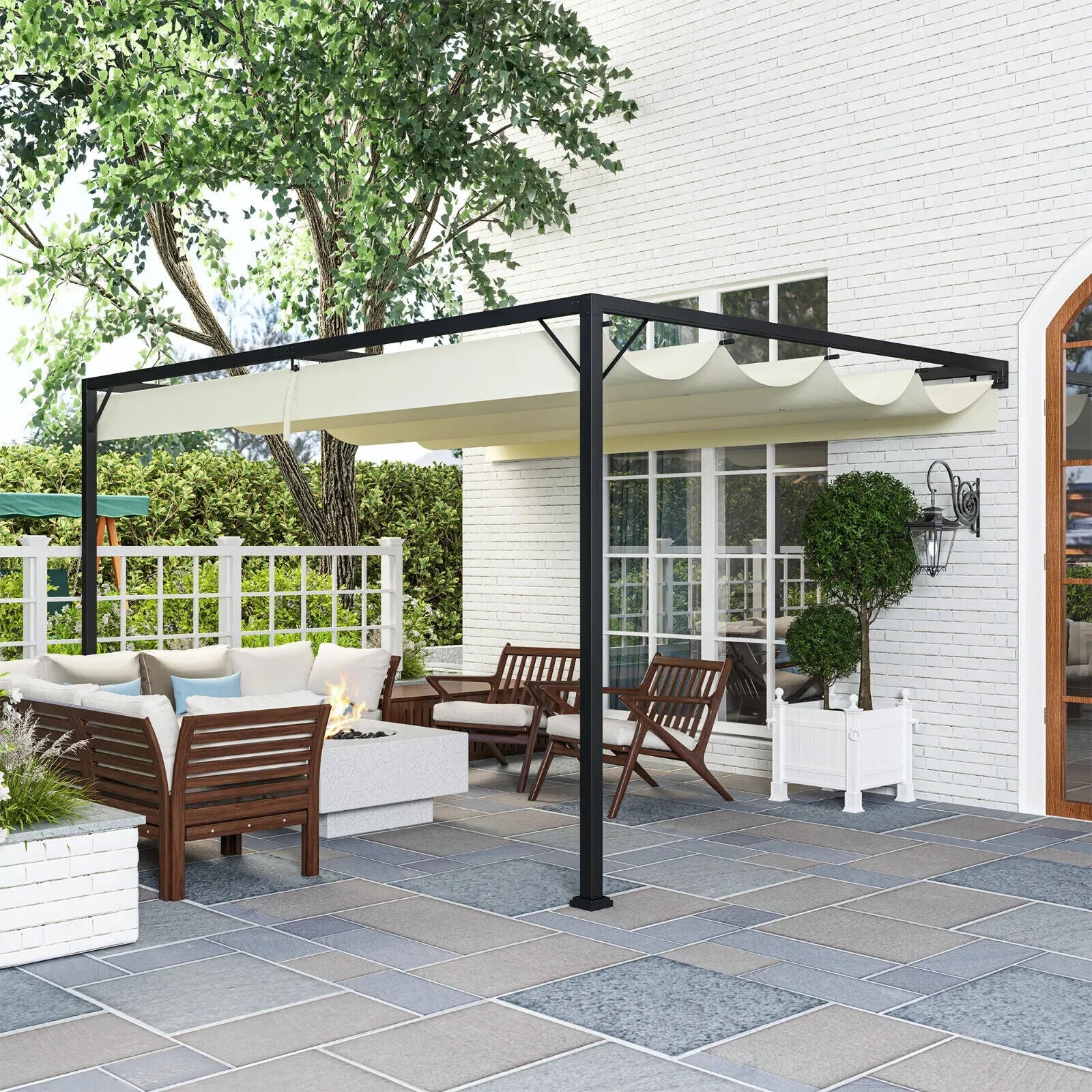 4 x 3m Outdoor Pergola Retractable Canopy Wall Mounted Awning Metal Cover Cream - Home and Garden Furniture Shop - #rustic - furniture#