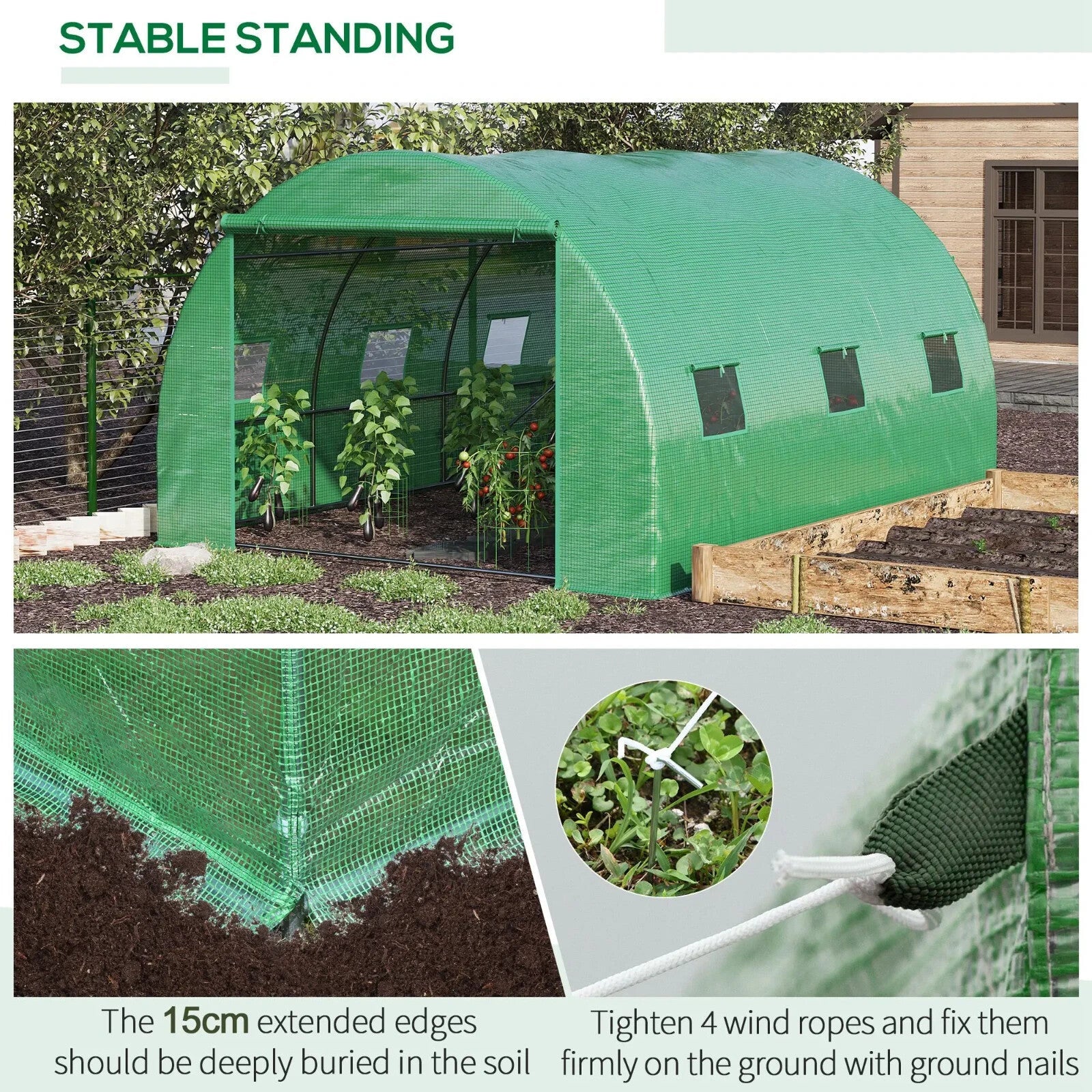 4 x 3m Walk - In Tunnel Greenhouse with PE Cover, Zipped Door and 6 Windows - Home and Garden Furniture Shop - rustic - furniture