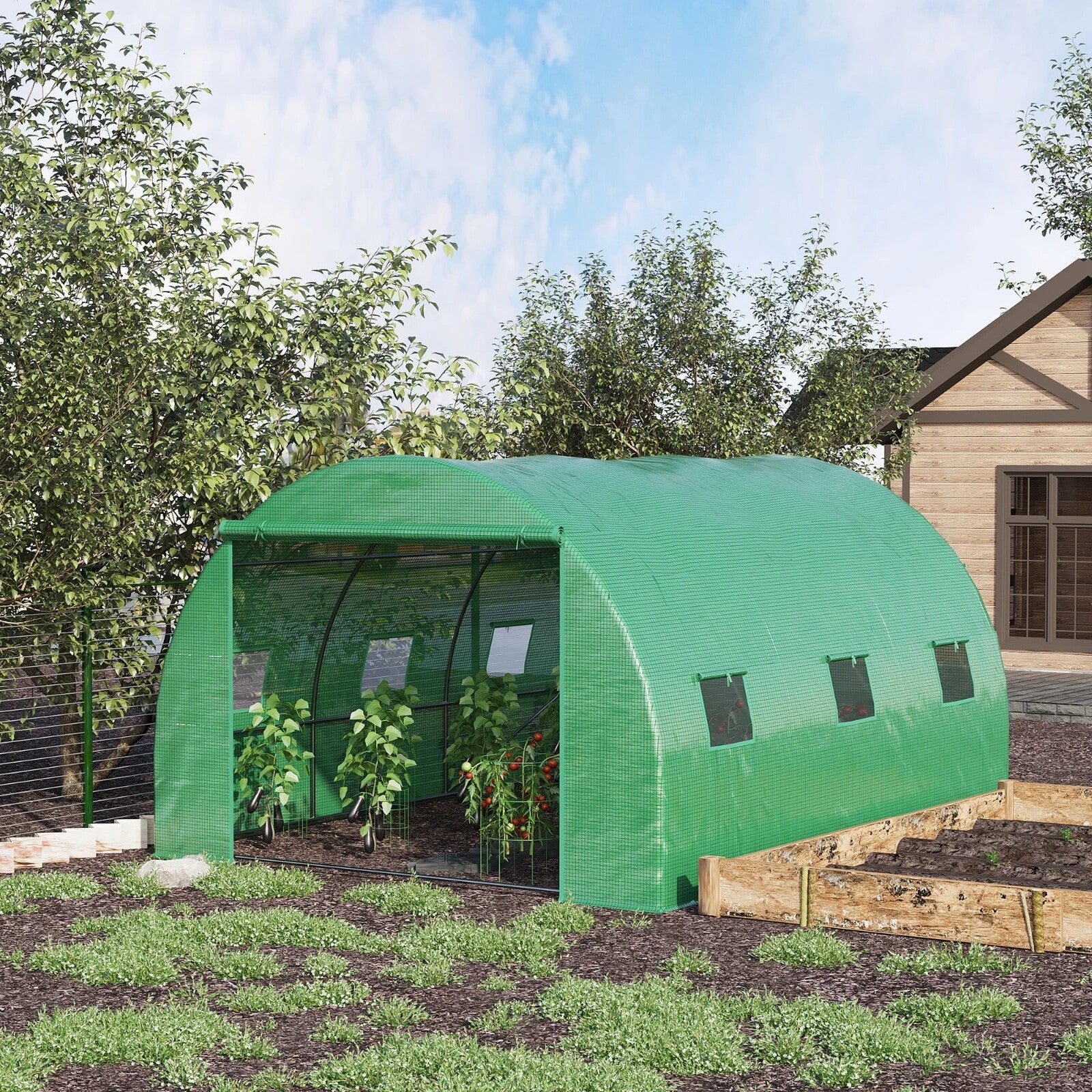 4 x 3m Walk - In Tunnel Greenhouse with PE Cover, Zipped Door and 6 Windows - Home and Garden Furniture Shop - rustic - furniture