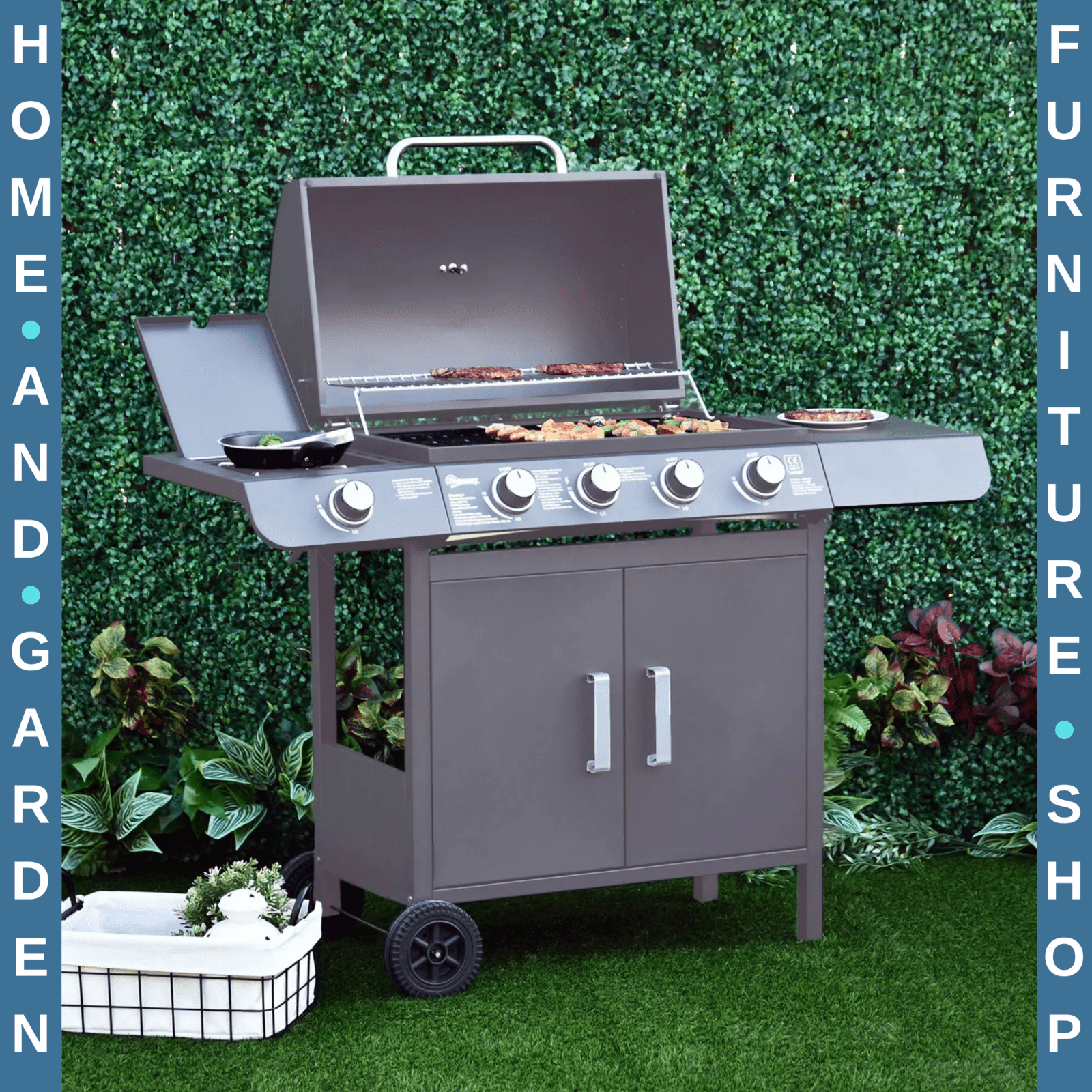 4+1 Burner Gas BBQ Grill Outdoor Barbecue Trolley w/ Wheels Shelves Thermometer - Home and Garden Furniture Shop - rustic - furniture