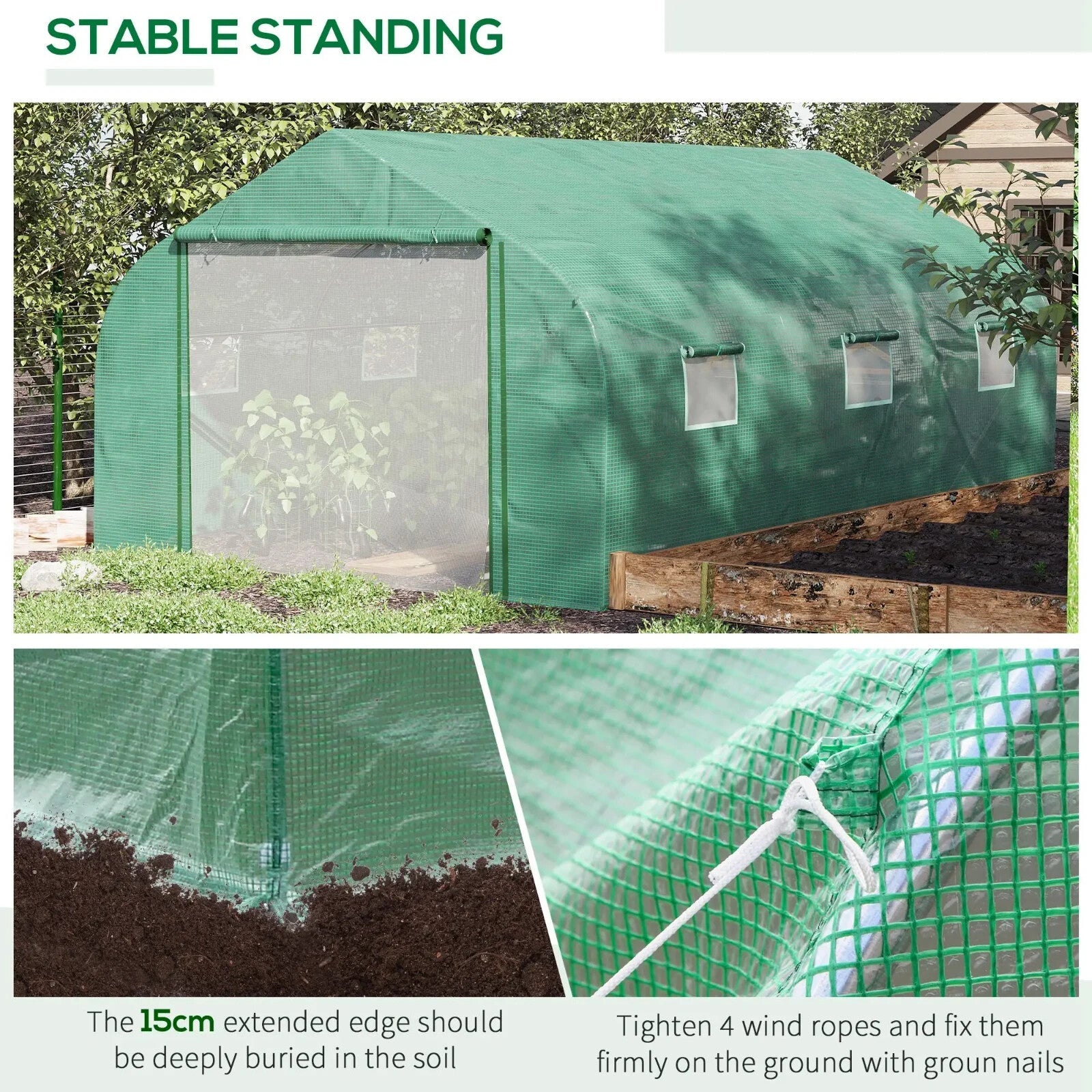 4.47x3x2m Walk - In Tunnel Greenhouse – Roll - Up Door & 6 Windows Polytunnel Tent - Home and Garden Furniture Shop - rustic - furniture