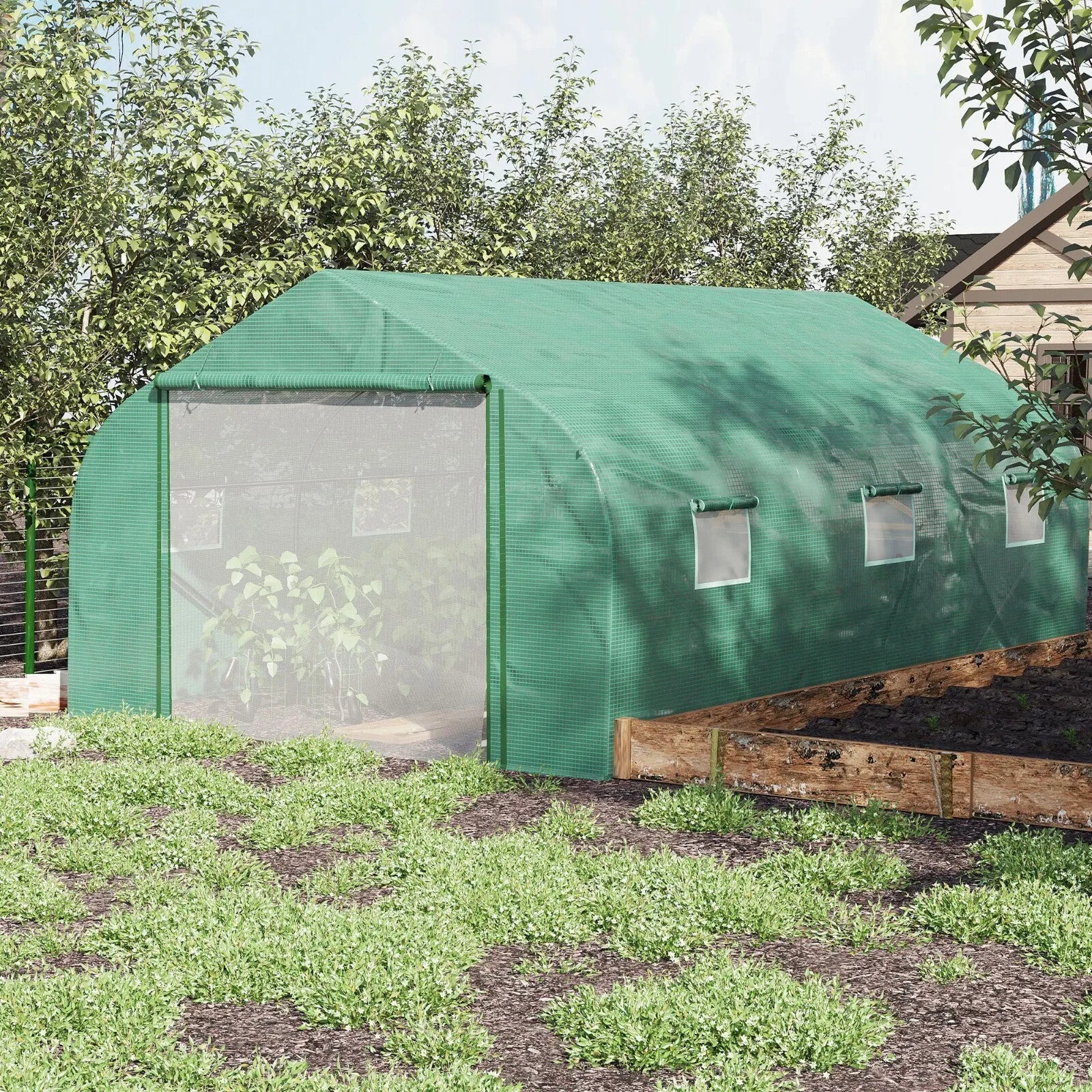 4.47x3x2m Walk - In Tunnel Greenhouse – Roll - Up Door & 6 Windows Polytunnel Tent - Home and Garden Furniture Shop - rustic - furniture