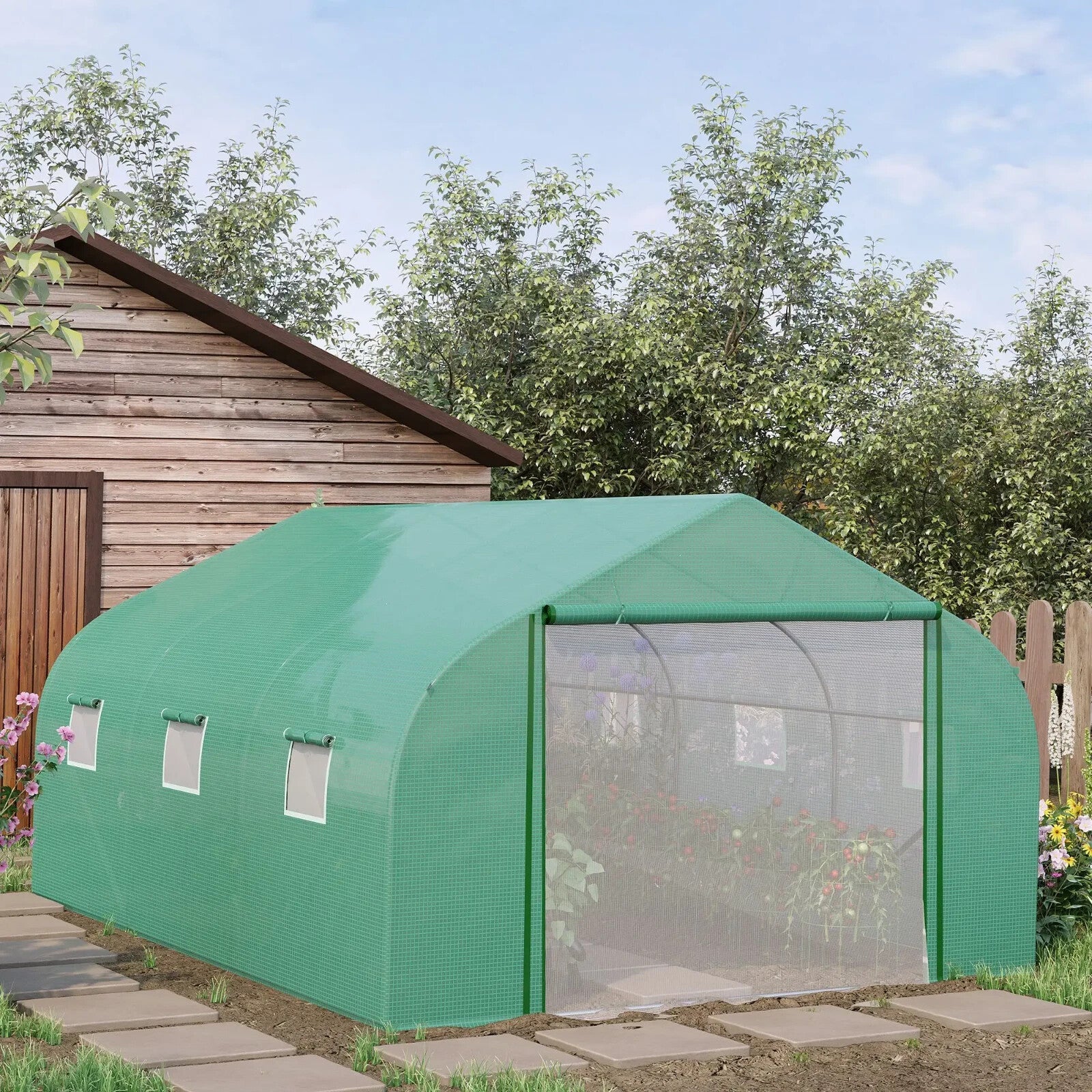 4.47x3x2m Walk - In Tunnel Greenhouse – Roll - Up Door & 6 Windows Polytunnel Tent - Home and Garden Furniture Shop - rustic - furniture