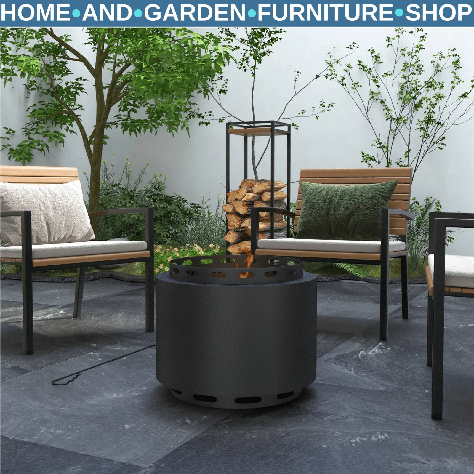 48.5cm Smokeless Wood - Burning Metal Firepit - Outdoor Garden Fire Pit with Poker - Home and Garden Furniture Shop - #rustic - furniture#