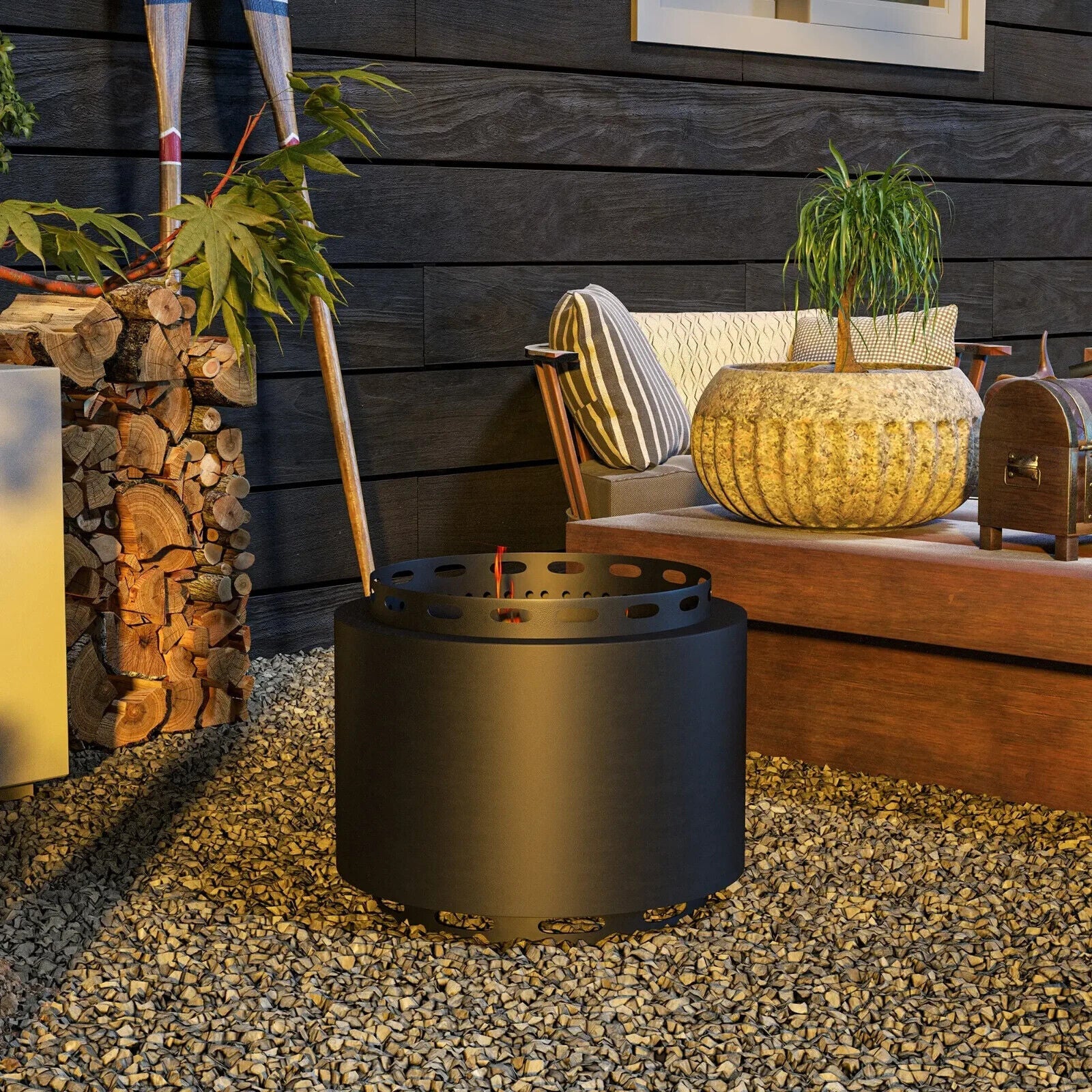 48.5cm Smokeless Wood - Burning Metal Firepit - Outdoor Garden Fire Pit with Poker - Home and Garden Furniture Shop - #rustic - furniture#