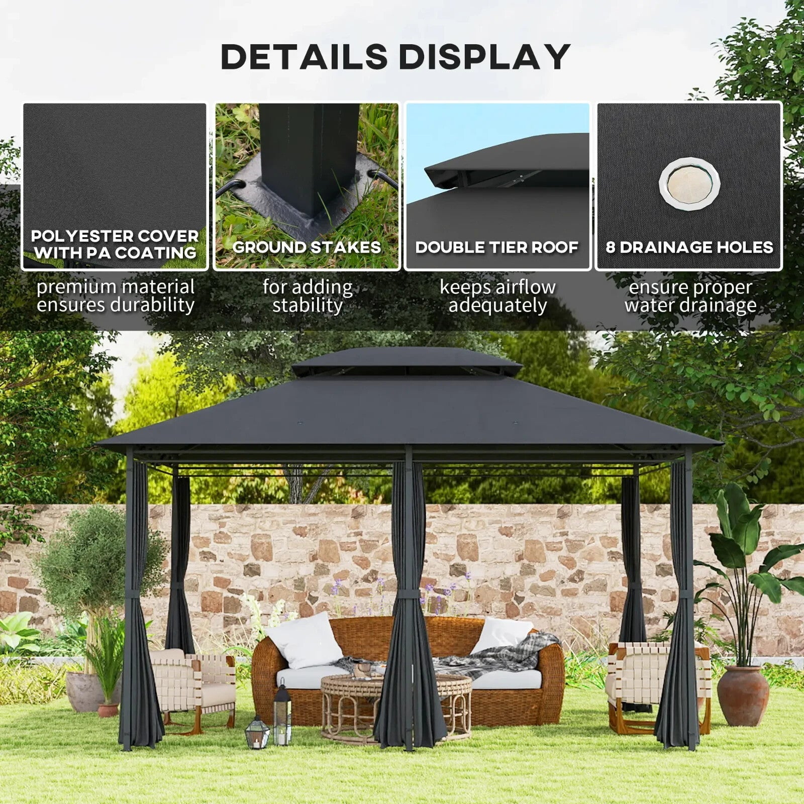 4m x 3m Outdoor 2 Tier Steel Frame Gazebo Curtains Garden Double Roof Party Tent - Home and Garden Furniture Shop - rustic - furniture