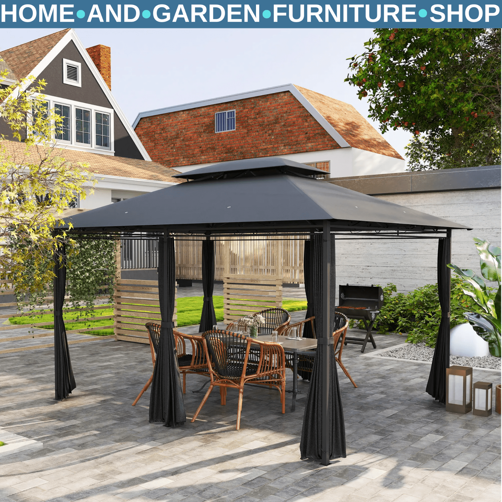 4m x 3m Outdoor 2 Tier Steel Frame Gazebo Curtains Garden Double Roof Party Tent - Home and Garden Furniture Shop - rustic - furniture