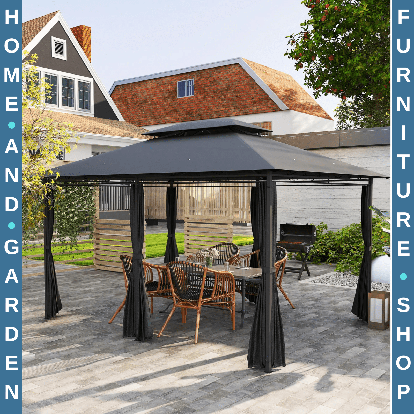 4m x 3m Outdoor 2 Tier Steel Frame Gazebo Curtains Garden Double Roof Party Tent - Home and Garden Furniture Shop - rustic - furniture