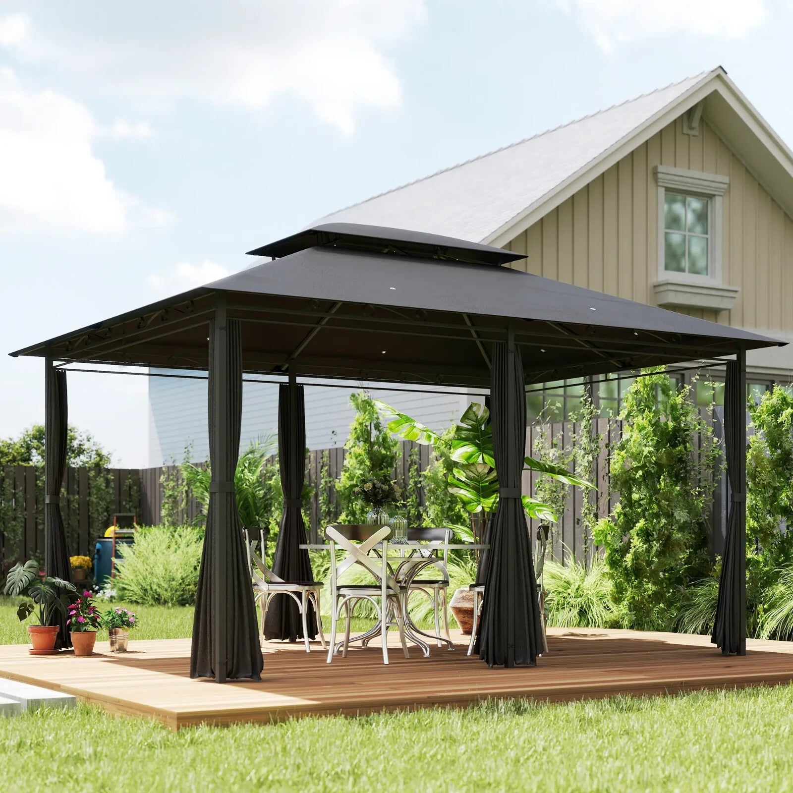 4m x 3m Outdoor 2 Tier Steel Frame Gazebo Curtains Garden Double Roof Party Tent - Home and Garden Furniture Shop - rustic - furniture