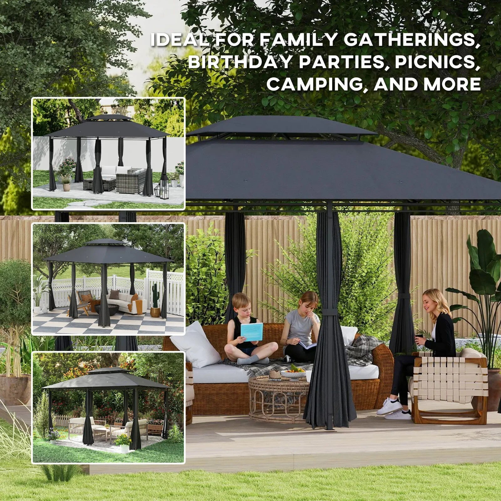 4m x 3m Outdoor 2 Tier Steel Frame Gazebo Curtains Garden Double Roof Party Tent - Home and Garden Furniture Shop - rustic - furniture