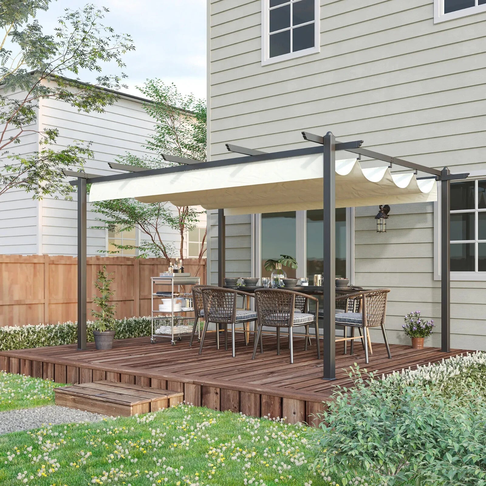 4x3m Aluminium Garden Pergola Gazebo with Retractable Canopy Roof Cream White - Home and Garden Furniture Shop - rustic - furniture