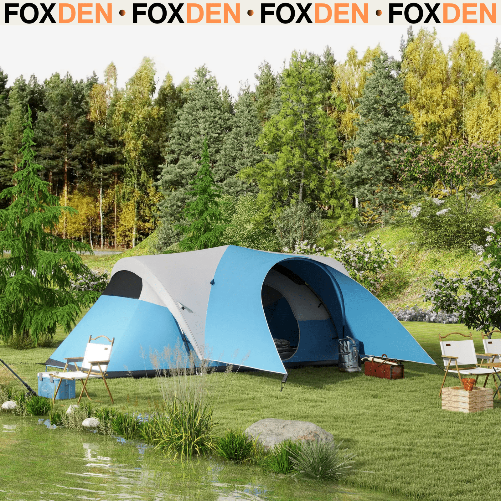 5 6 Man Camping Tent 3000mm Waterproof Mesh Windows Porch Canopy Blue Air FOXDEN - Home and Garden Furniture Shop - rustic - furniture